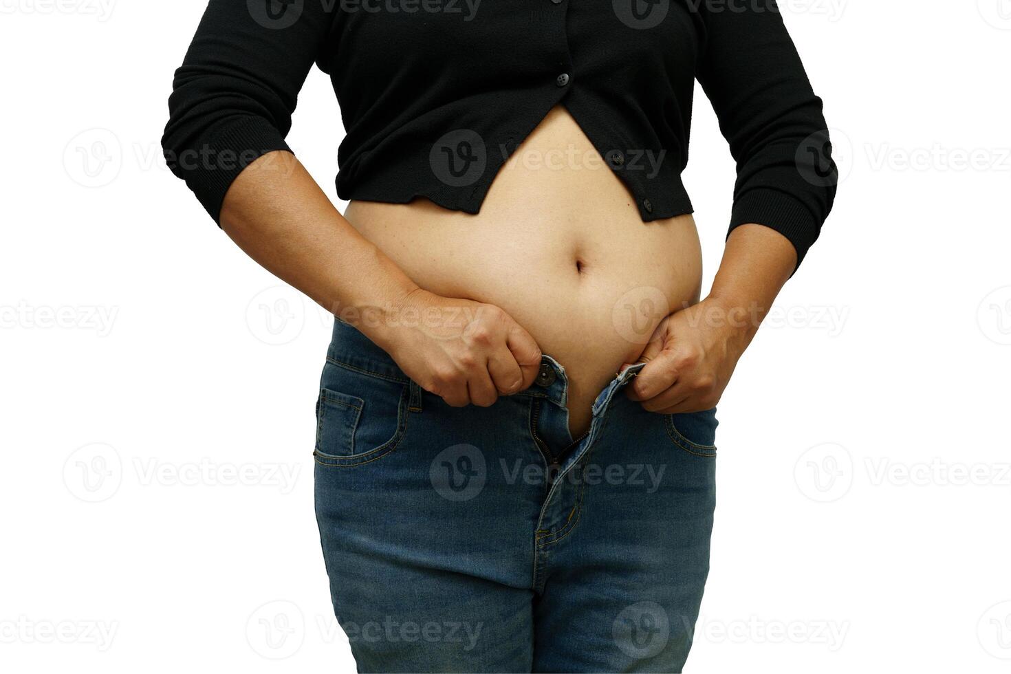 Asian woman show fat belly big size overweight and obesity isolated on w photo