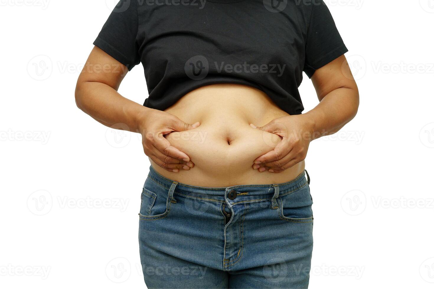 Asian woman show fat belly big size overweight and obesity photo