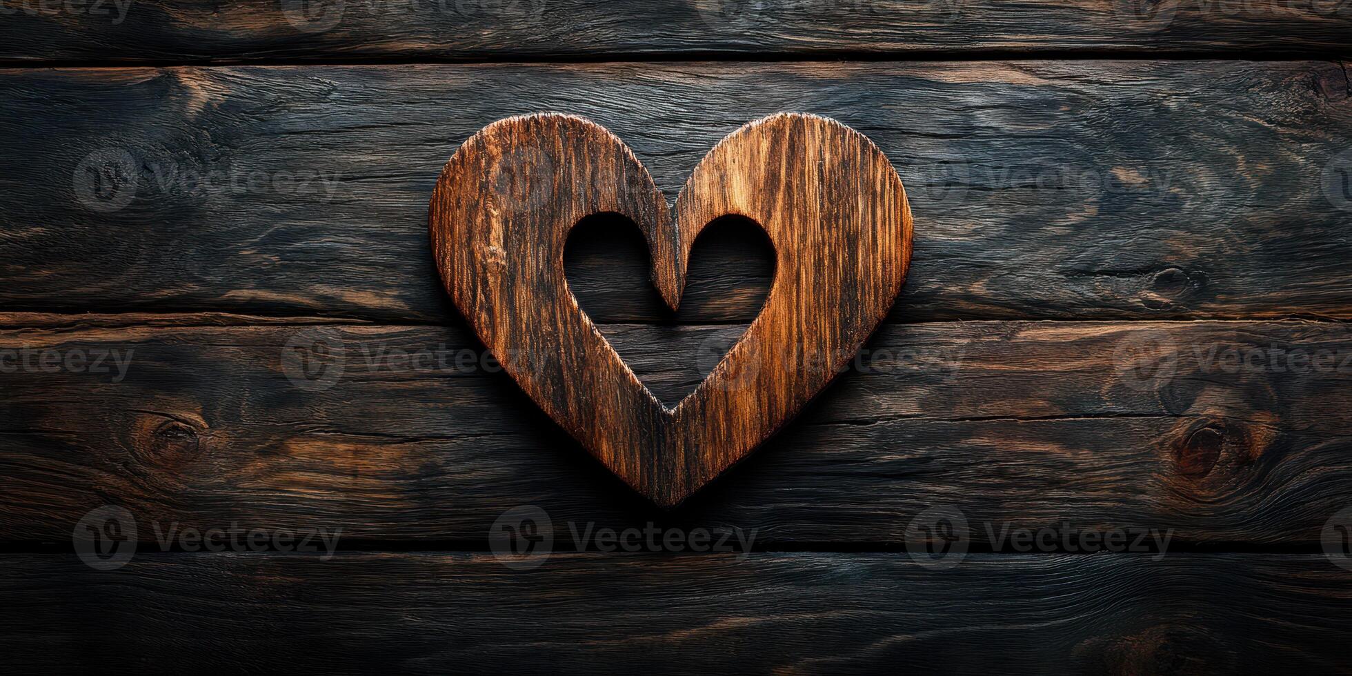 Wooden heart symbol on rustic wooden background creates a warm and inviting atmosphere perfect for romantic themes photo