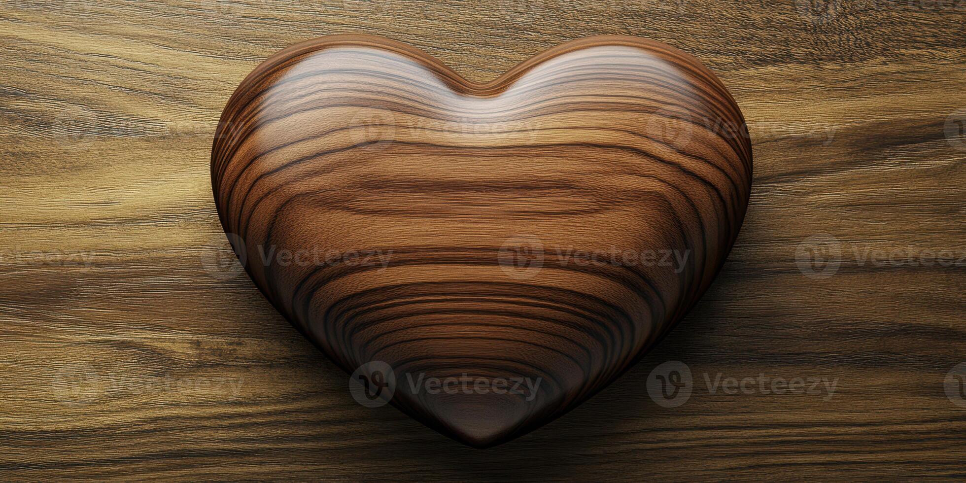 Wooden heart sculpture resting on a wooden surface with a natural grain pattern in a warm and inviting setting photo