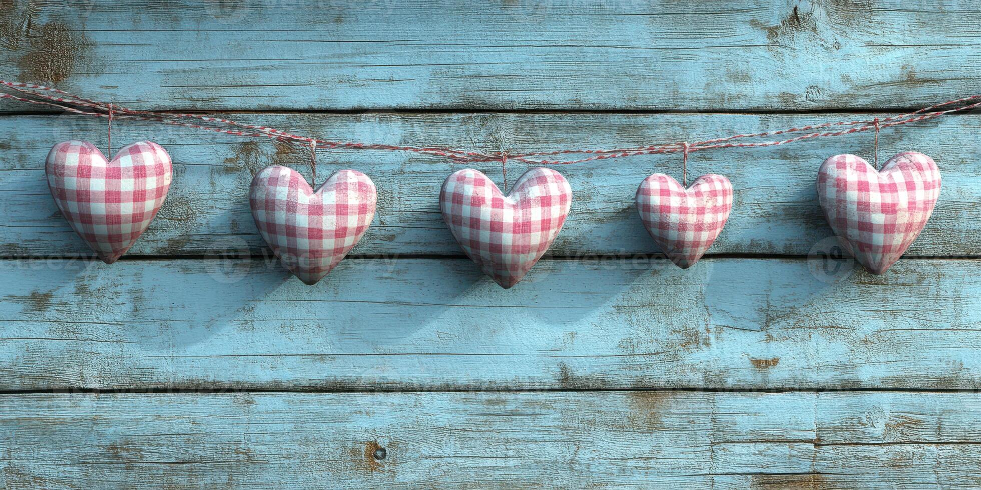 Colorful checked hearts hanging on a blue wooden background create a charming decorative display photo
