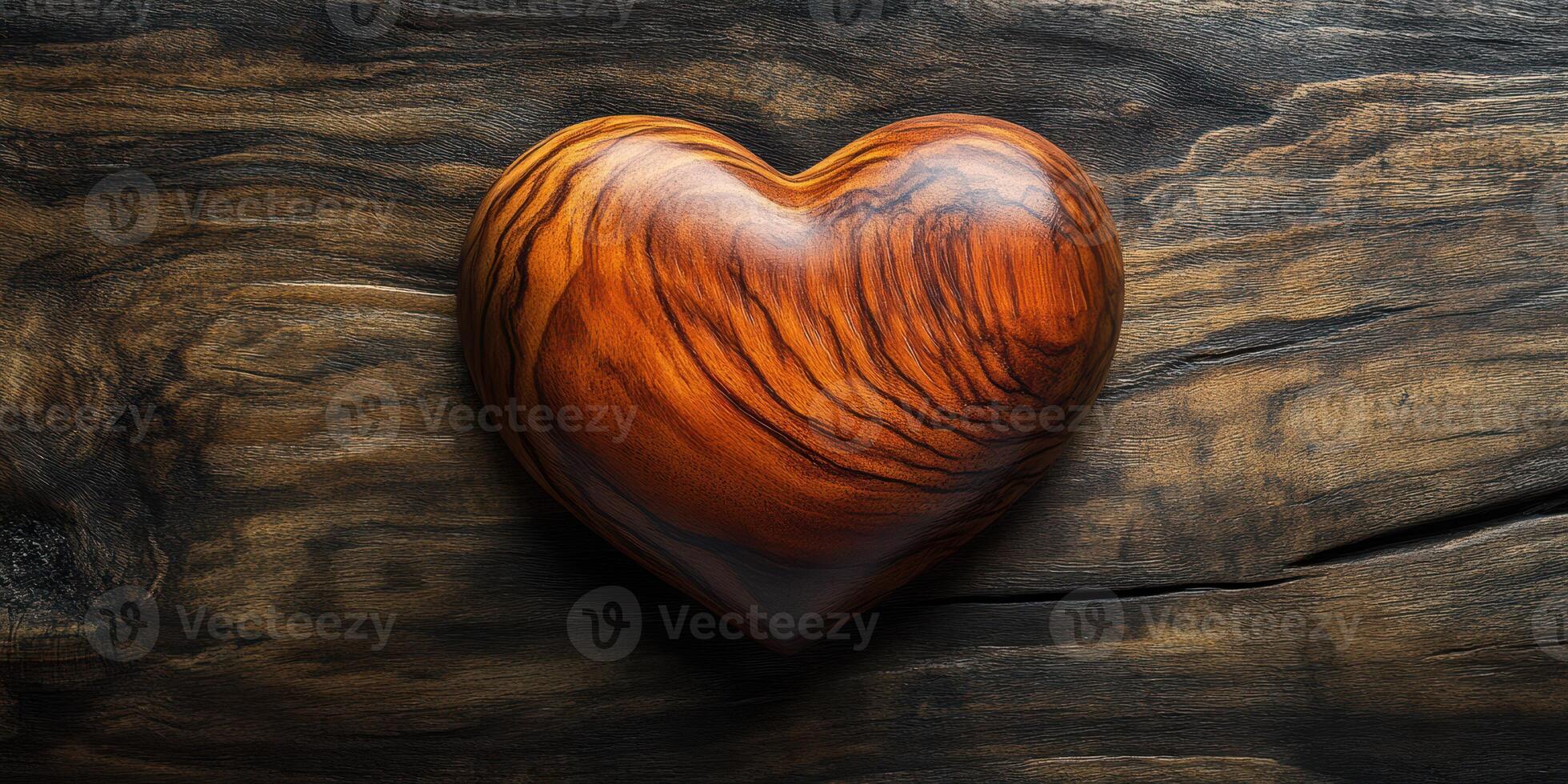 Heart-shaped wooden sculpture resting on a textured wooden surface showcasing natural patterns and rich colors photo