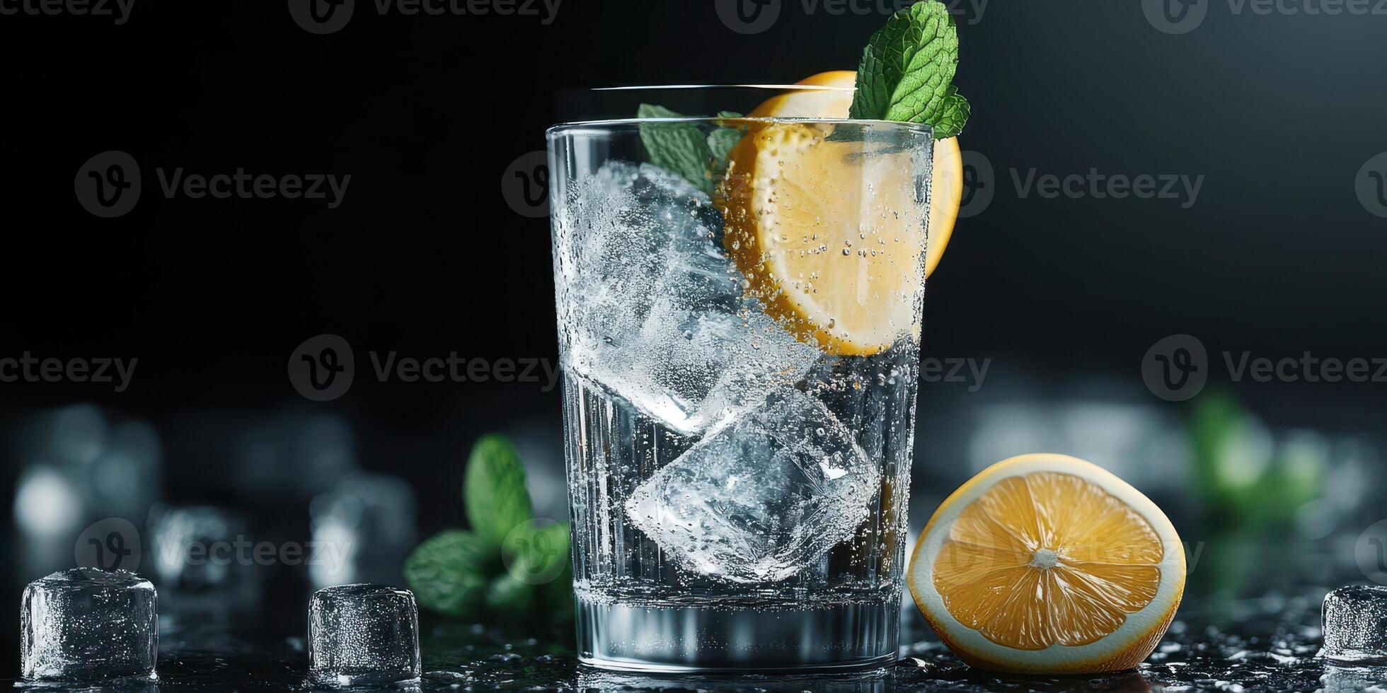 Refreshing lemon drink with mint and ice on a dark background photo