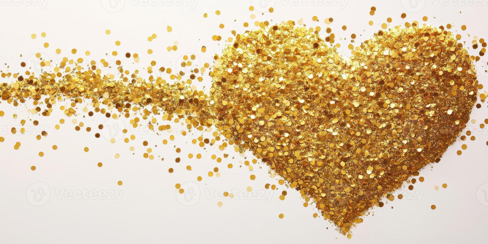 Golden heart made of sparkling glitter shapes flows across a white background during a celebration photo
