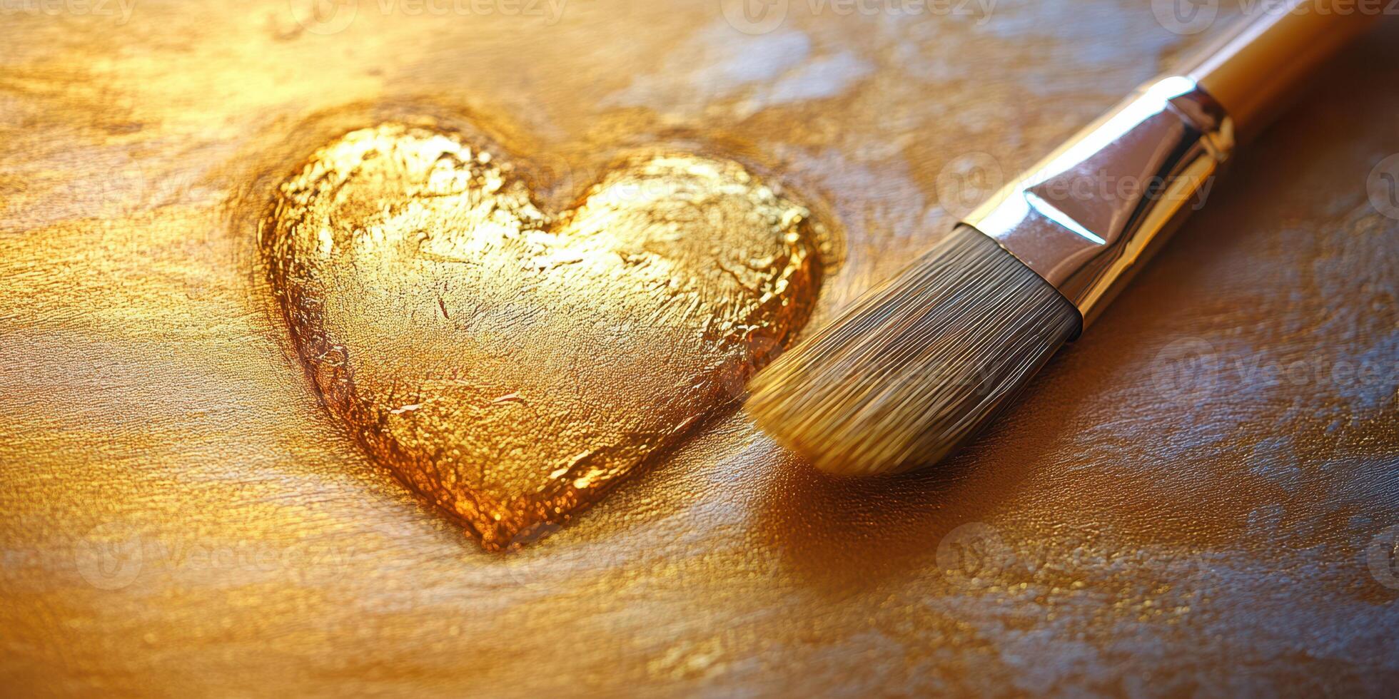 Golden heart painted with a brush on textured golden surface in artistic creation moments photo