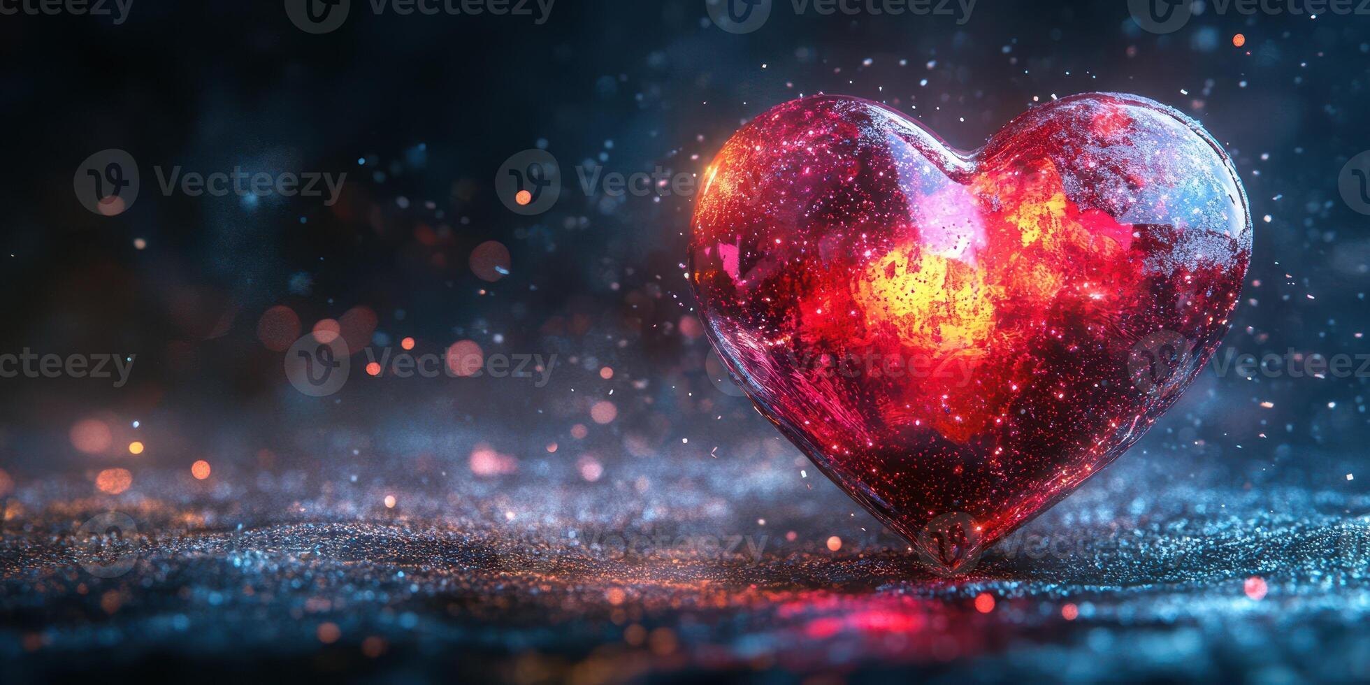 Glowing red heart shape with cosmic patterns on a sparkling surface at night photo