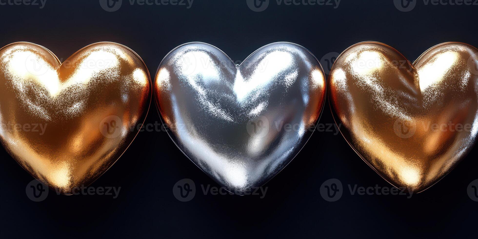 Shiny metallic hearts in gold, silver, and bronze on a dark background showcase love and celebration at any event photo