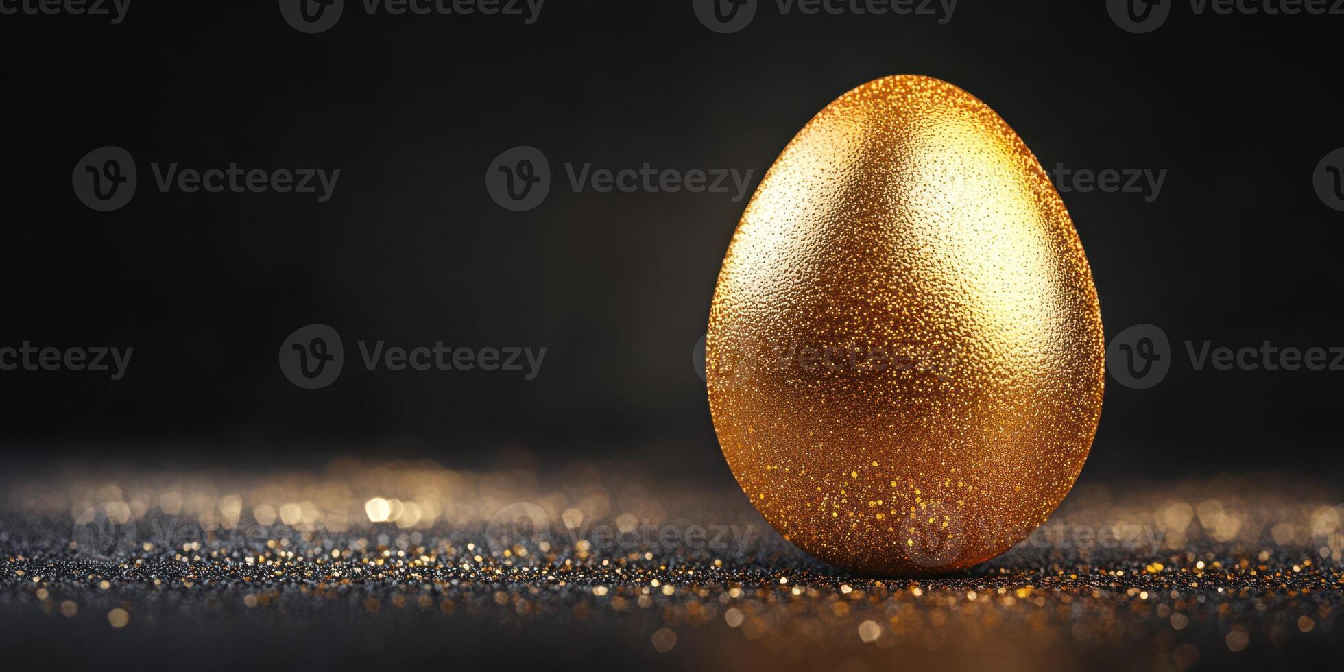 Golden egg on a dark background surrounded by sparkling particles photo