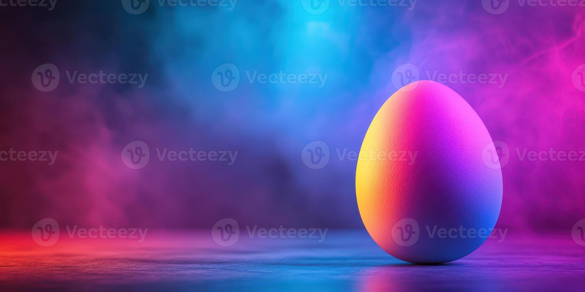 Colorful egg illuminated by vibrant lights in a misty atmosphere during a creative display photo