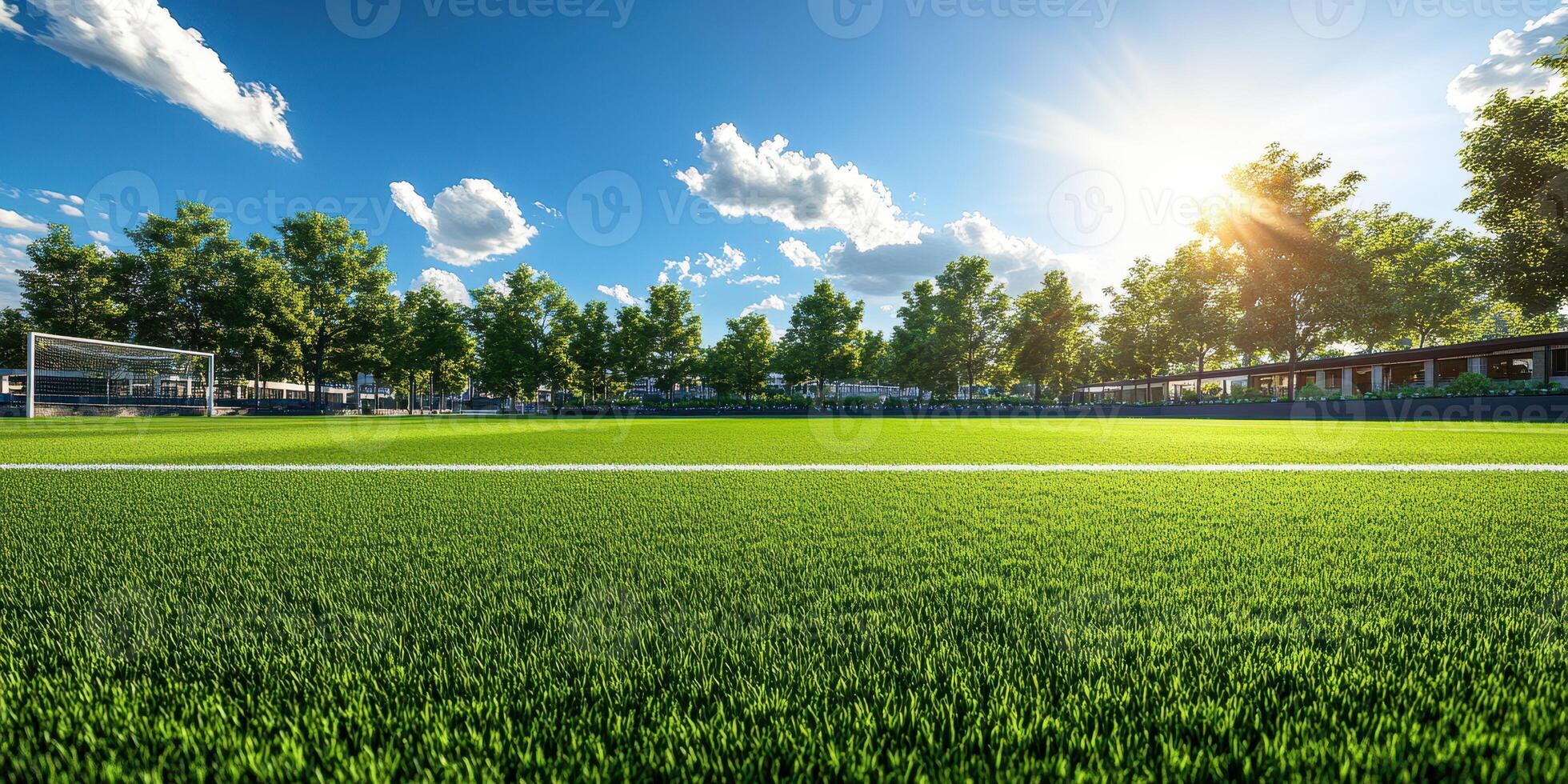 Bright sunny day on a lush green soccer field with trees and clouds in view photo