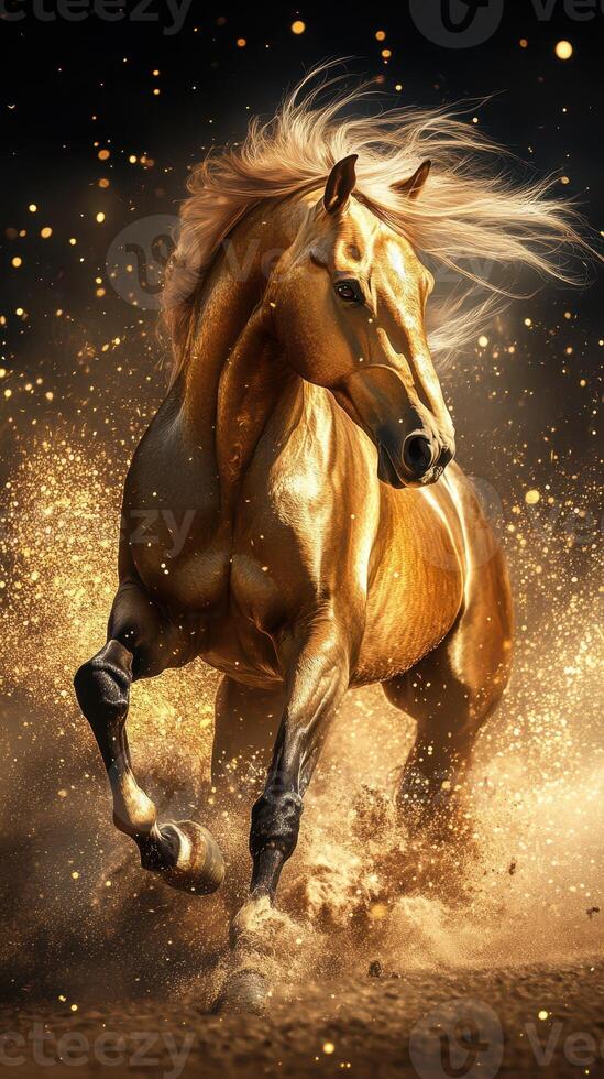 Majestic golden horse galloping through a cloud of dust during golden hour in an enchanting landscape photo