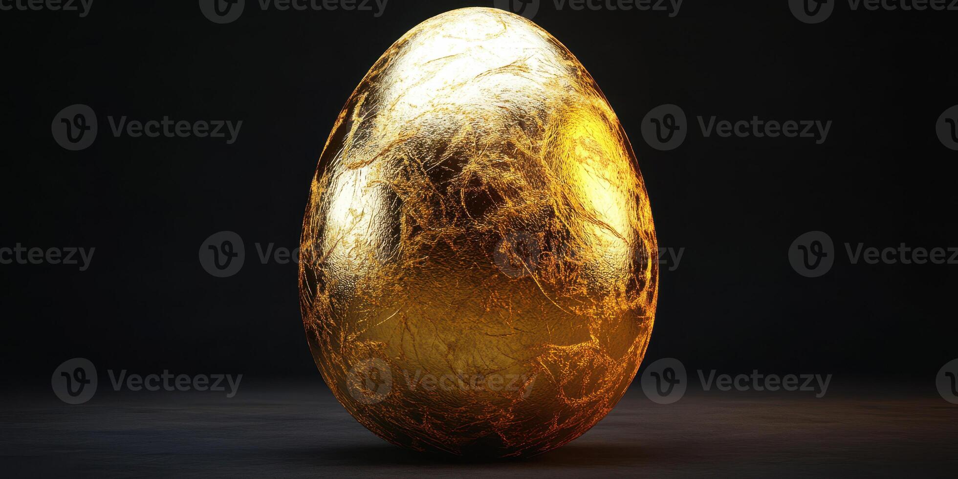 Golden egg with intricate texture illuminated against a dark background photo