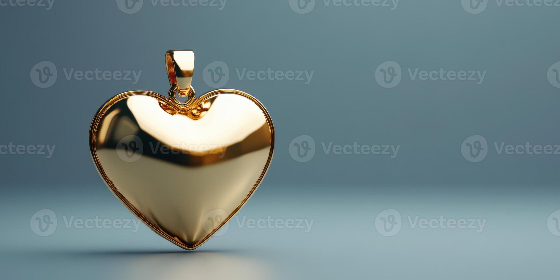 Shiny gold heart pendant resting on a smooth surface in soft lighting photo