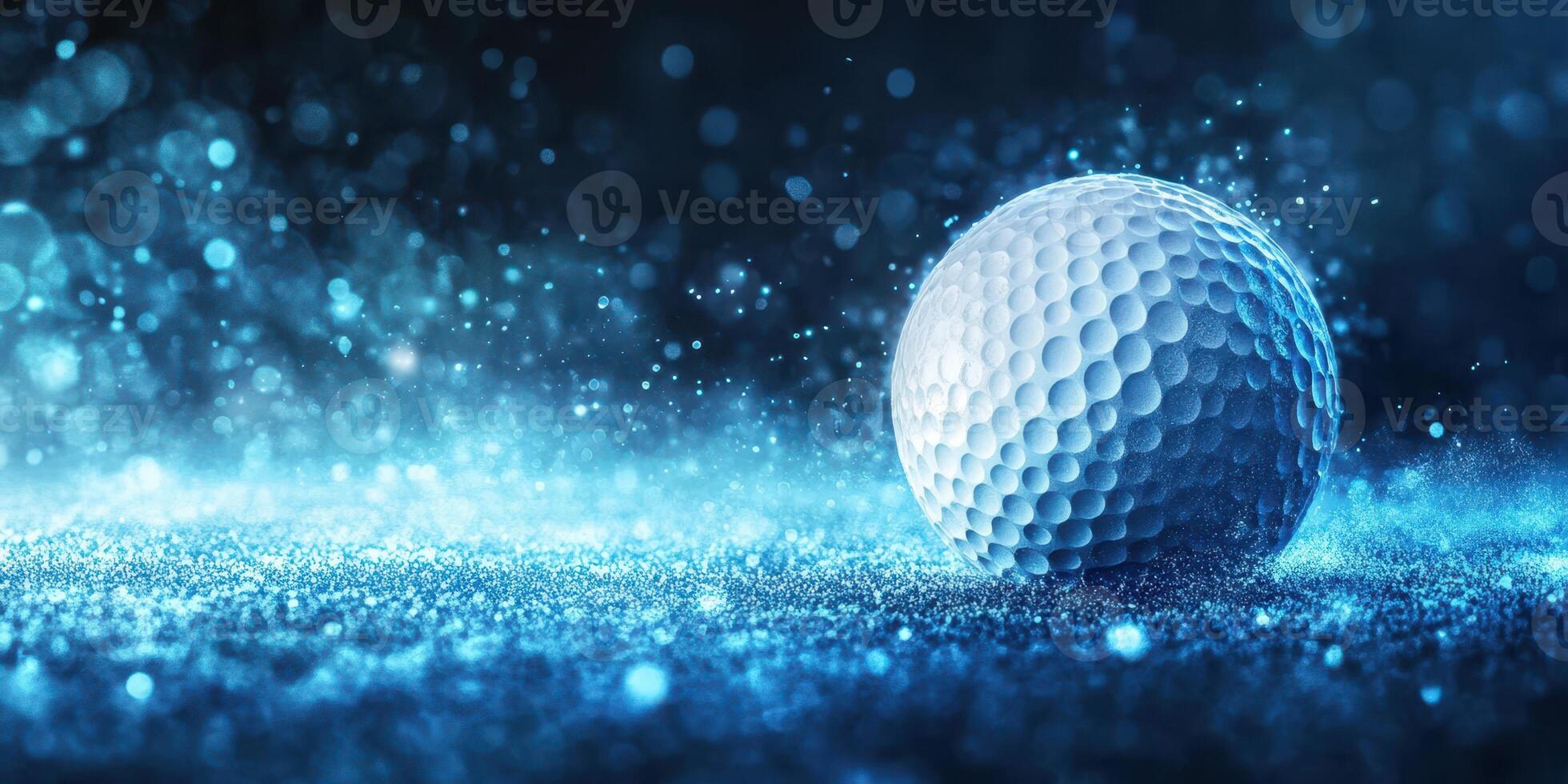 Golf ball surrounded by sparkling dust on a dark background creates a captivating visual effect photo