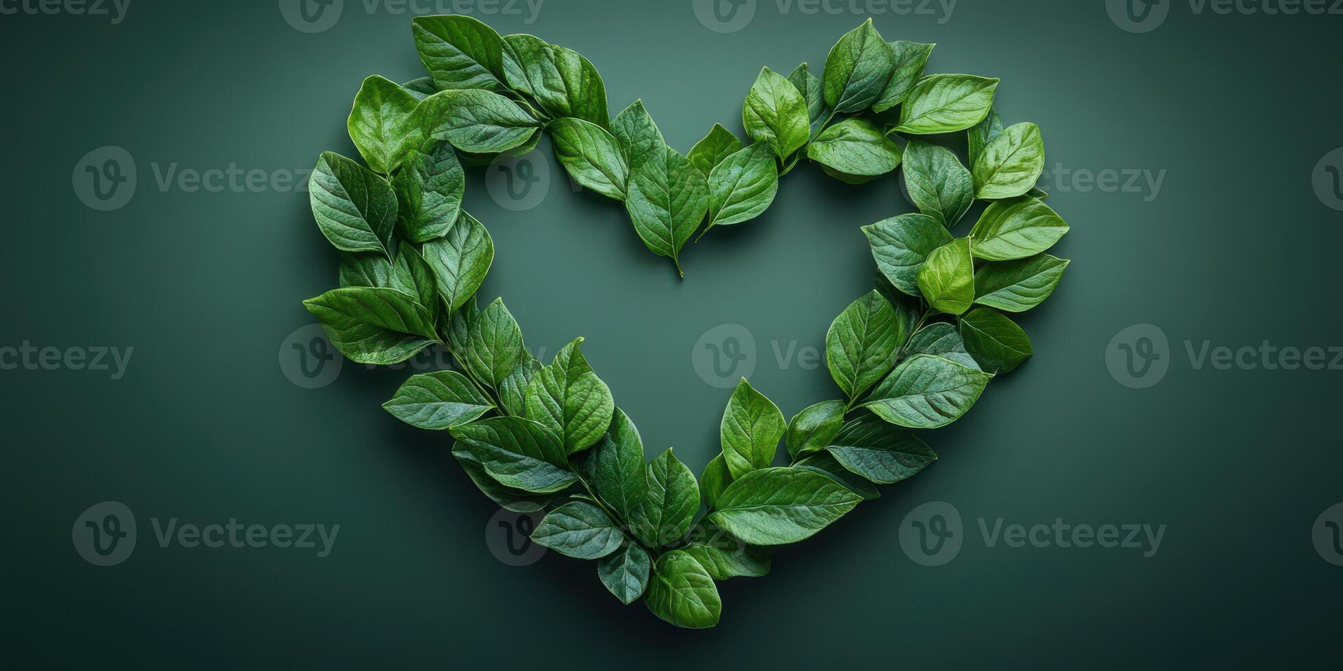 Heart shape created with fresh green leaves on a dark background highlighting nature's beauty and creativity photo