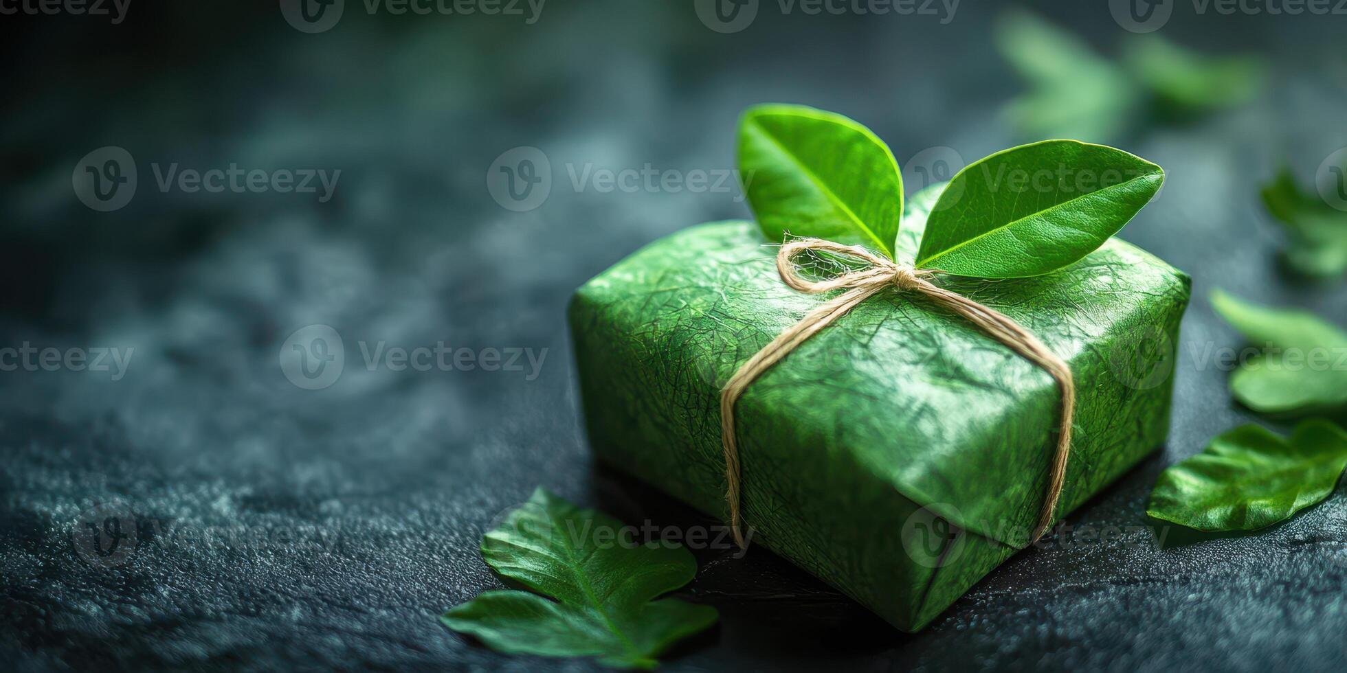 Gift wrapped in green leaves with twine on a dark textured surface surrounded by fresh greenery photo