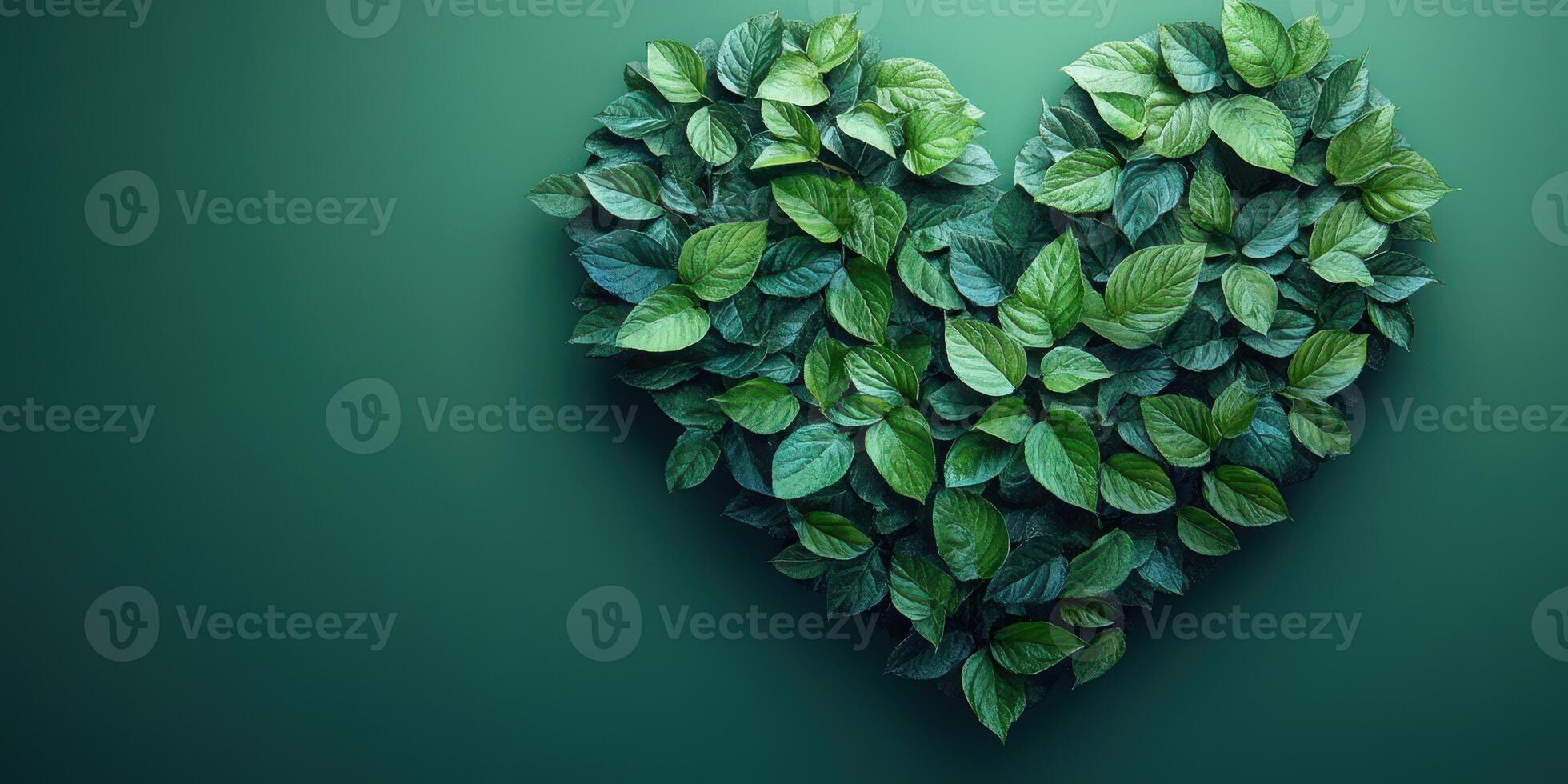 Heart shape made of green leaves on a deep green background representing nature and eco-friendliness in a creative design photo