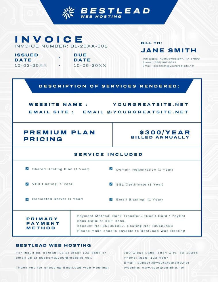 Circuit Clean Blue Technology Website Hosting Invoice Template