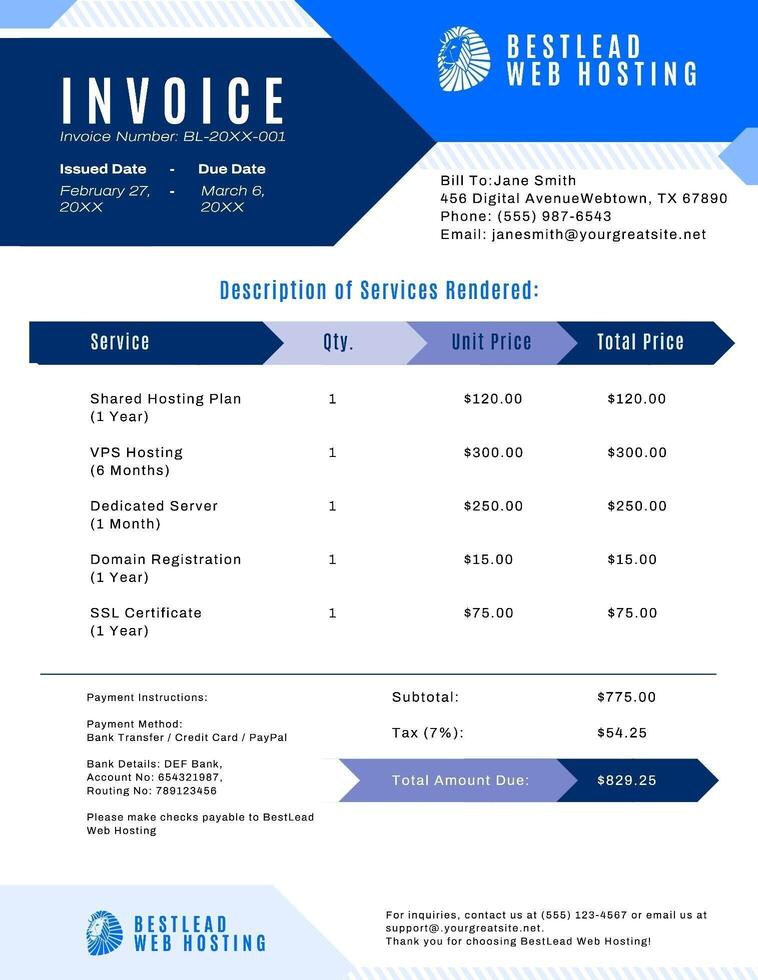 Geometric Blue Technology Website Hosting Invoice Template
