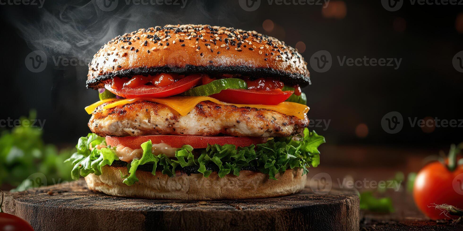 Juicy grilled chicken burger with fresh toppings served on a rustic wooden board at a cozy eatery photo