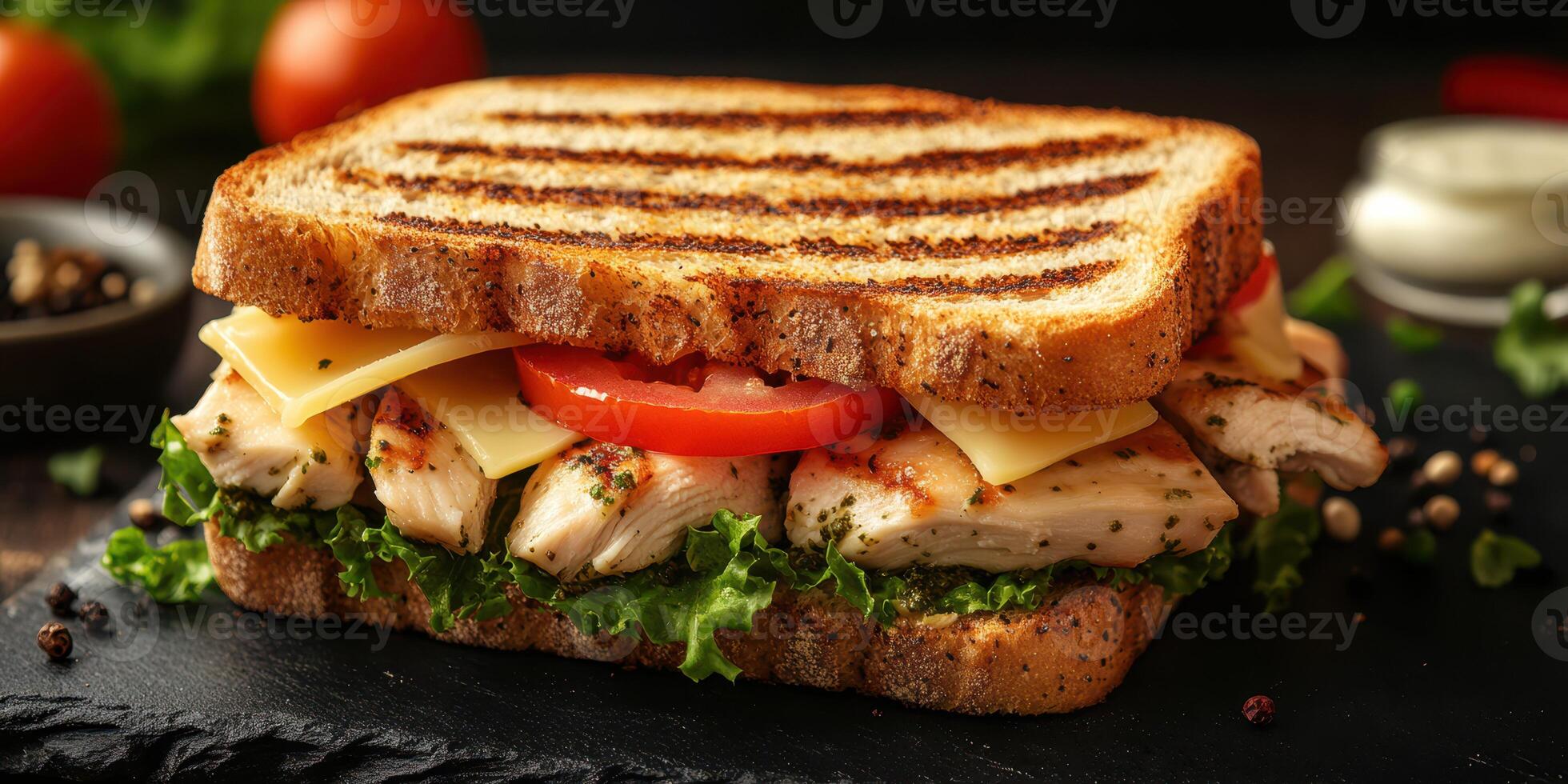 Grilled chicken sandwich with fresh vegetables served on whole grain bread at a cozy cafe during lunch hours photo