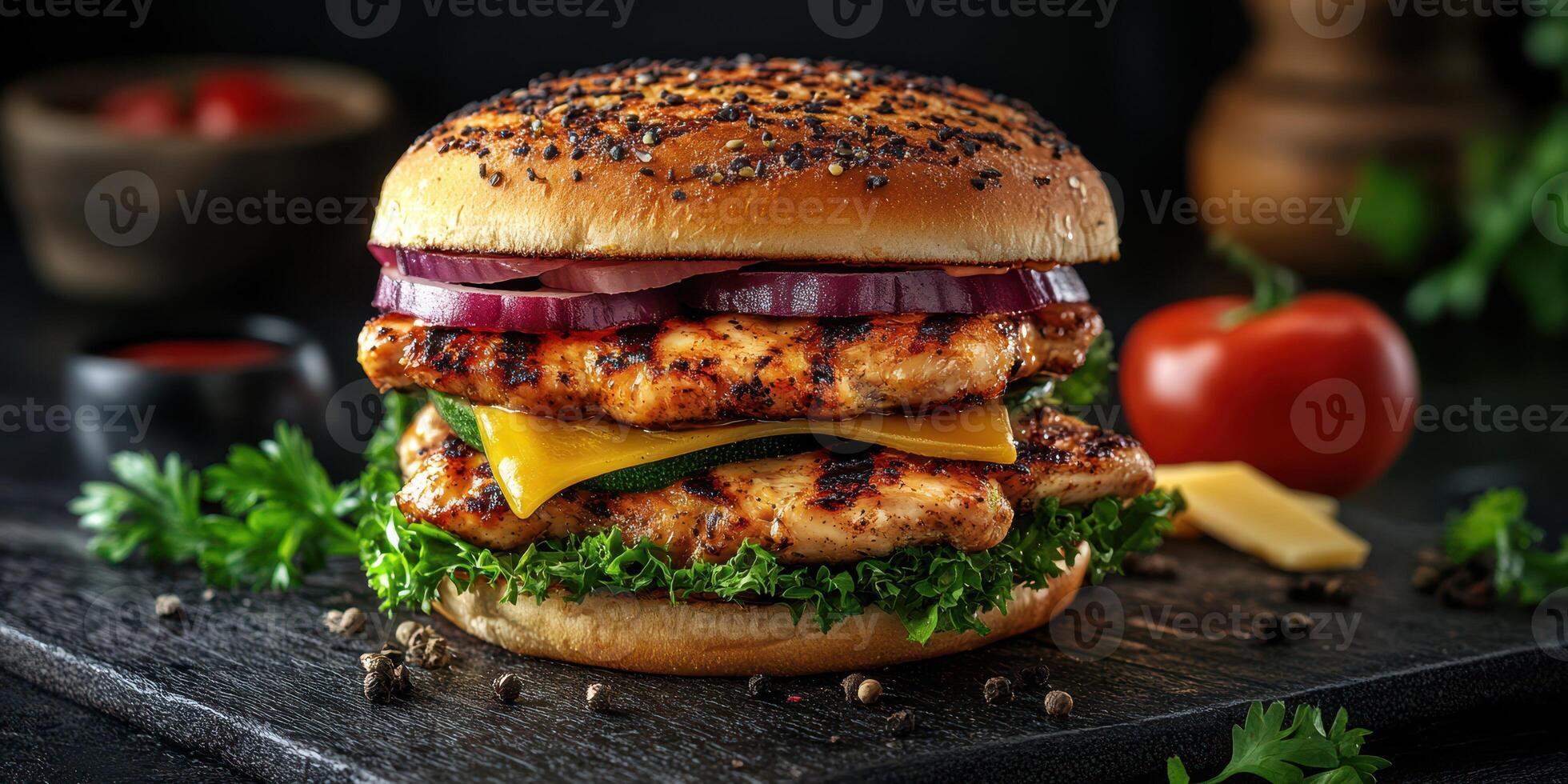 Delicious grilled chicken burger with fresh toppings and a flavorful bun served on a dark wooden table photo