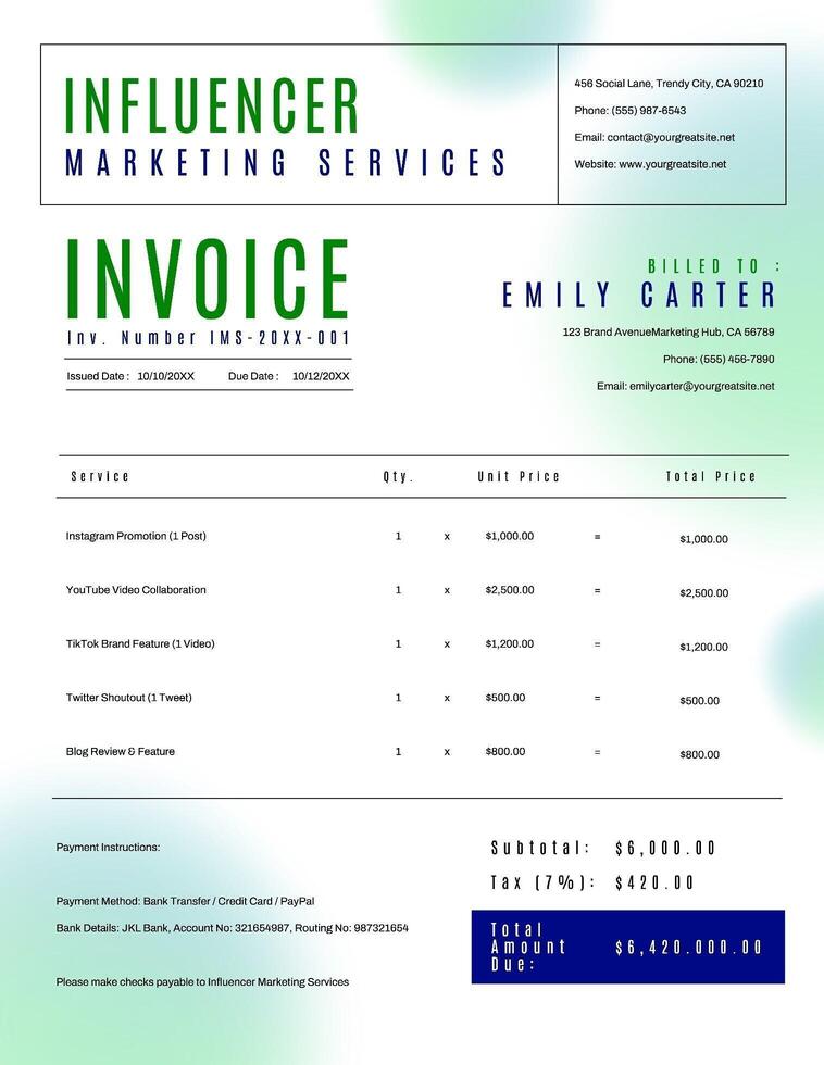 Clean Minimalistic Green Blue Invoice Template Design for Influencer Agency