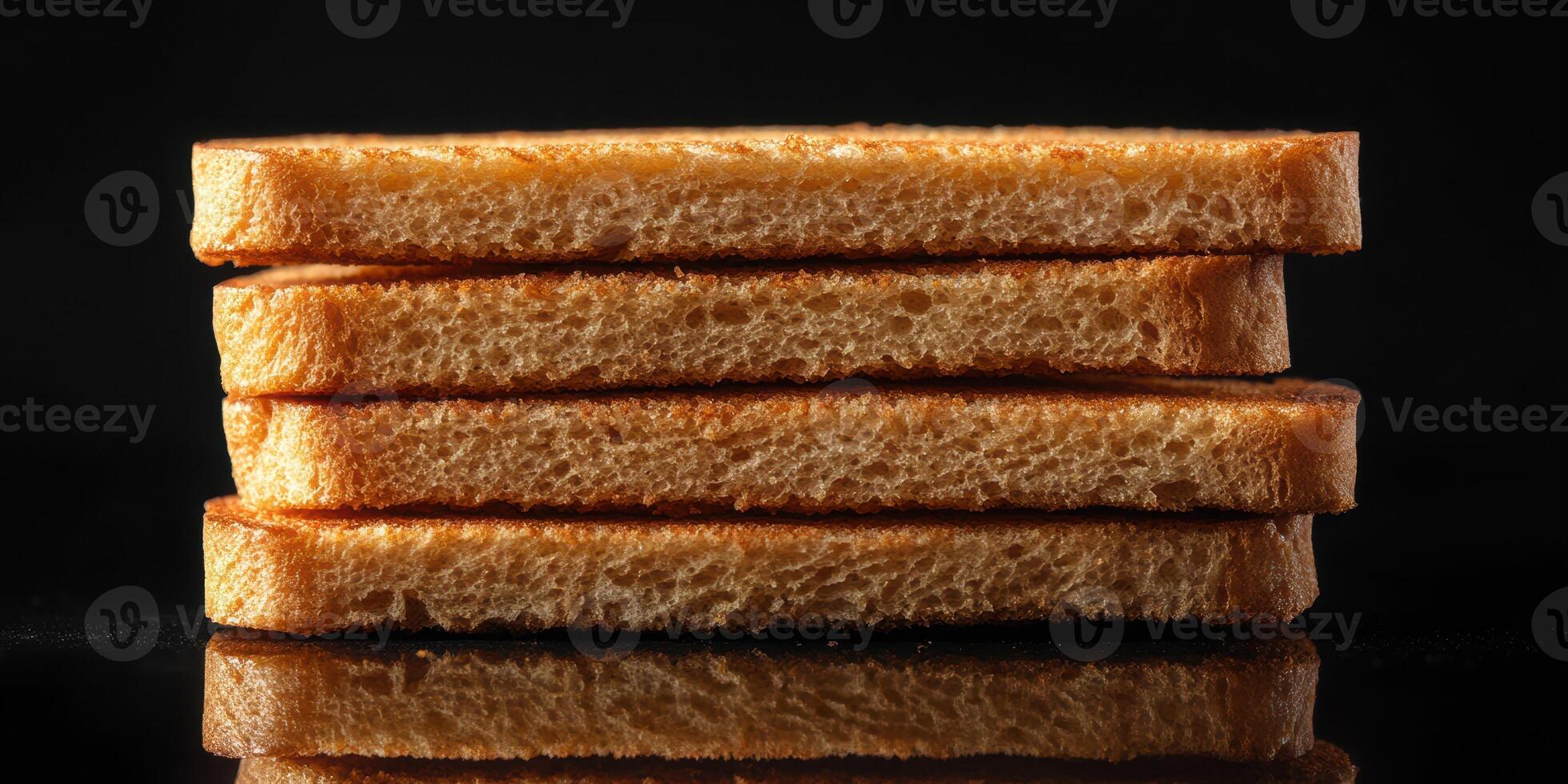 Golden brown toasted bread stacked neatly against a dark background highlighting texture and color contrast photo