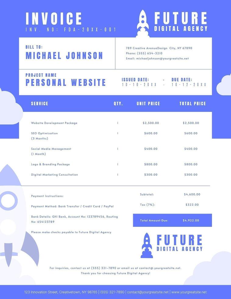 Bright Blue Creative Rocket Invoice for Digital Agency Template