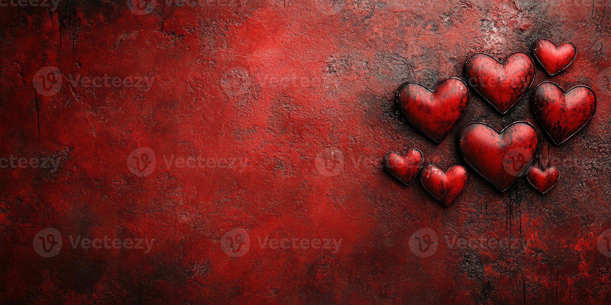 Decorative red hearts arranged artistically on a textured dark red background for a romantic ambiance photo
