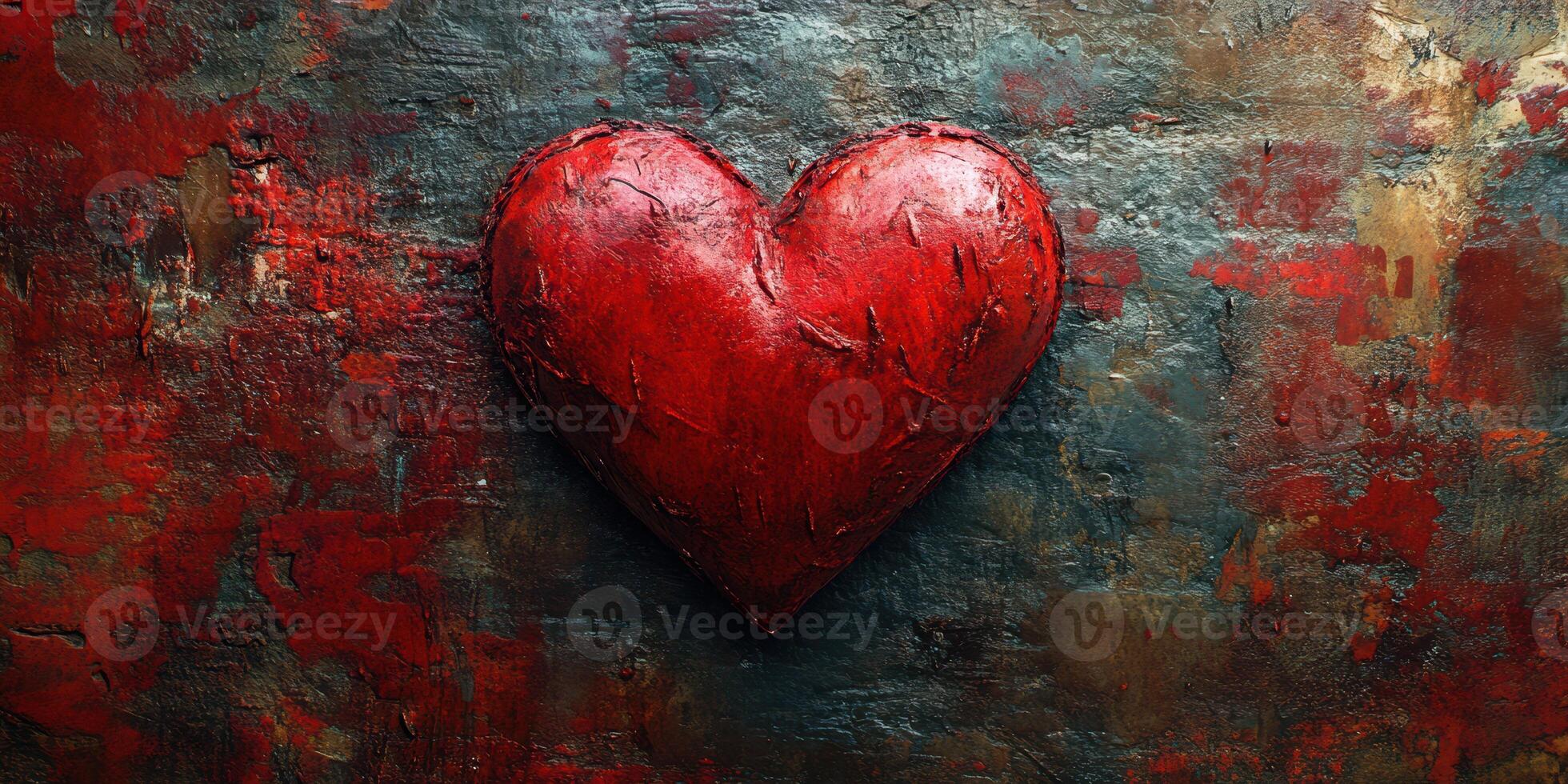 Red heart artwork displayed on textured, colorful background creating a vivid and emotional atmosphere photo
