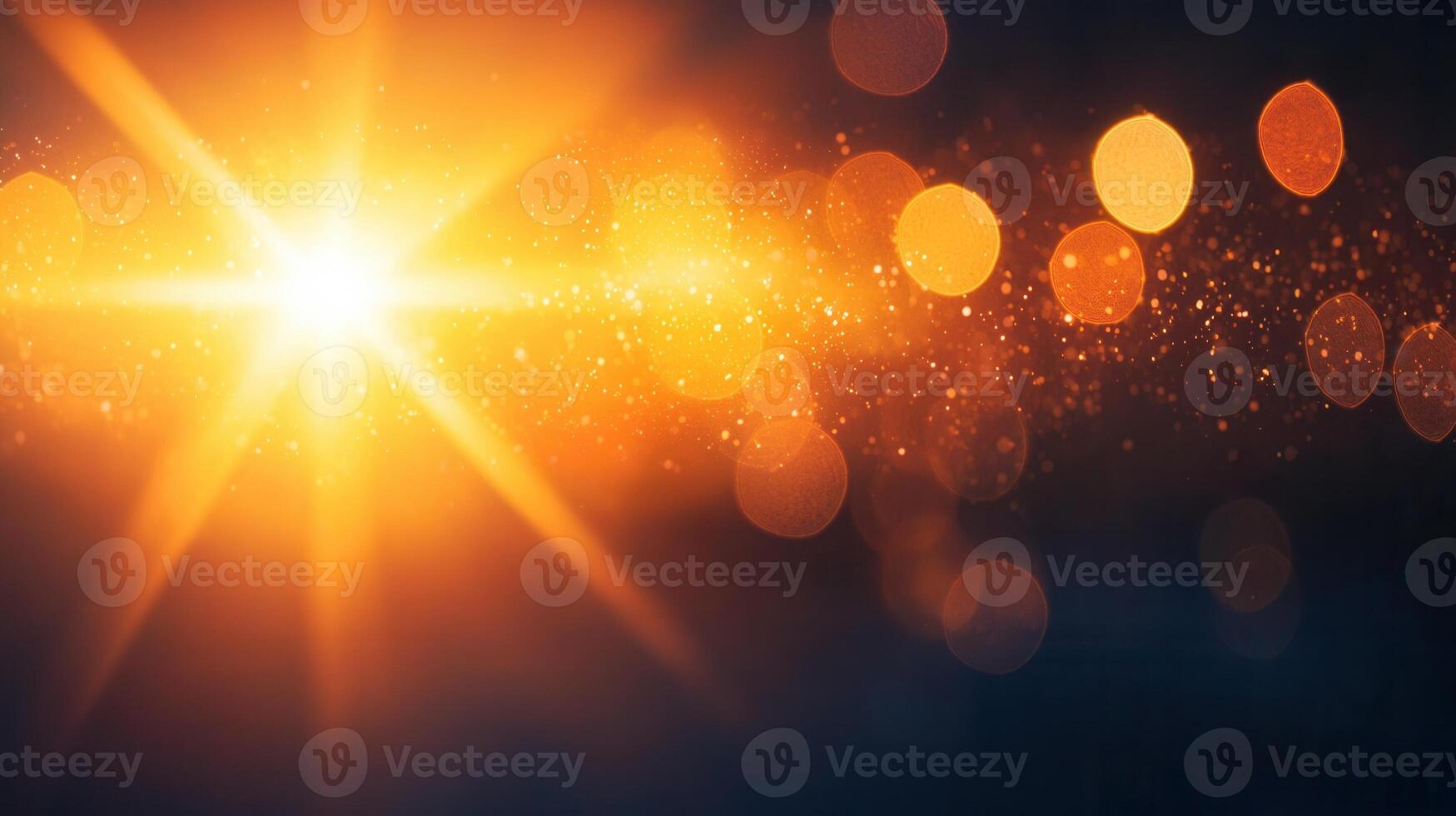 Abstract Golden light beams radiating from a bright star create a magical atmosphere dark background with bokeh effect photo