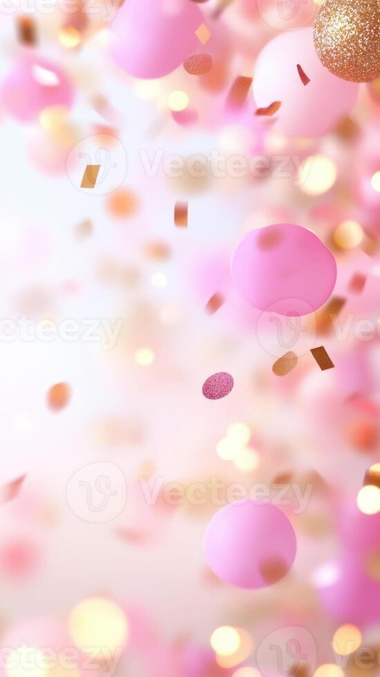 Sparkling pink and gold happy birthday confetti sprinkled over pastel surface, radiating celebration with vibrant, shimmering color palette vignette background Copy space for text photo