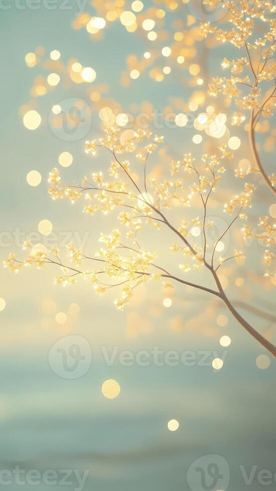 Delicate, bare branches reach out against a background of shimmering golden creating a serene and magical atmosphere glittery and shiny, soft focus photo