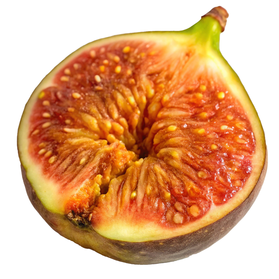 A Closeup of a Halved Fig Showing its Vibrant Red Interior and Tiny Seeds png