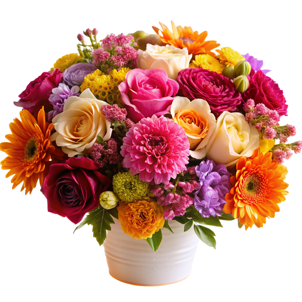 Vibrant and Colorful Summer Flower Bouquet in a White Pot png