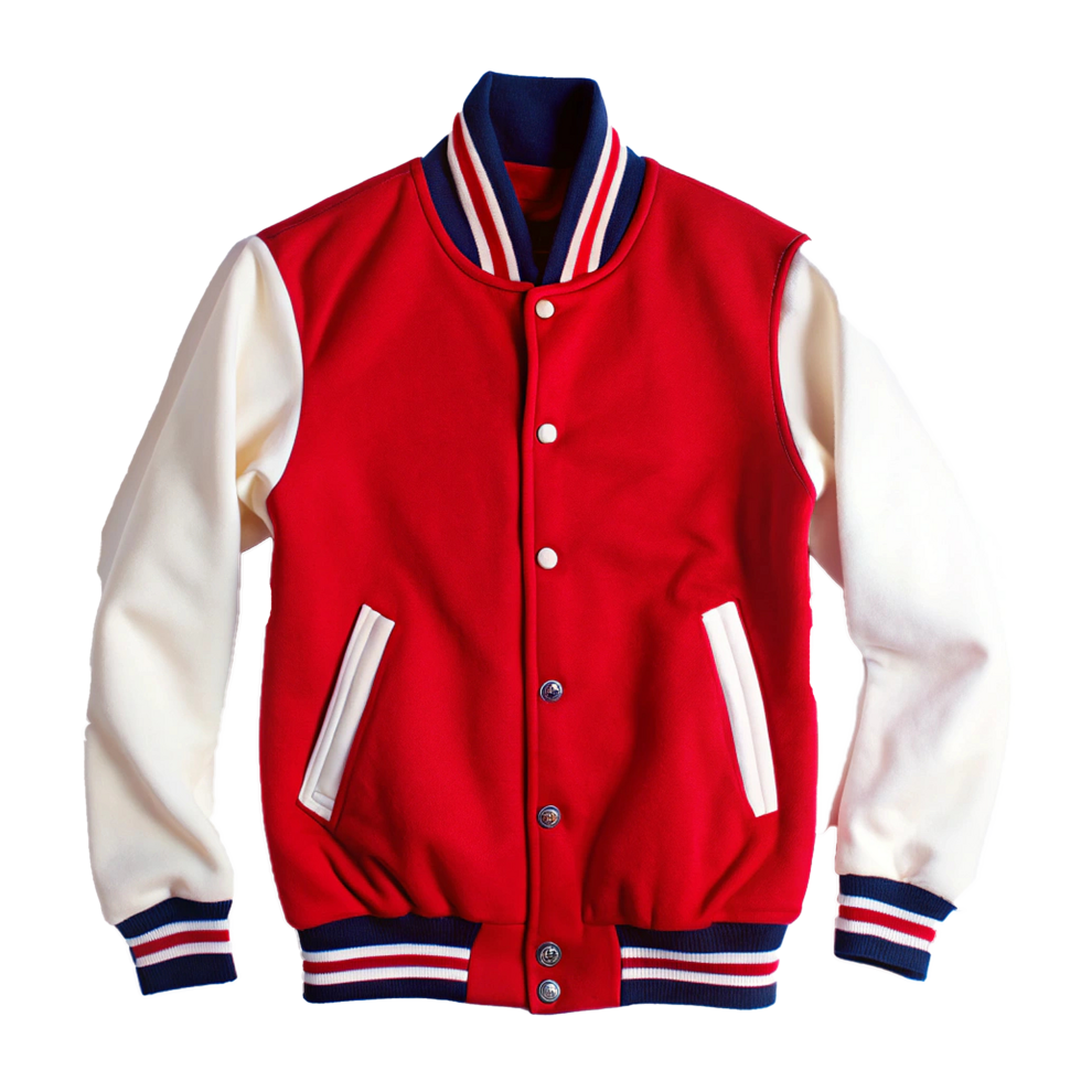 Classic Red and Cream Baseball Varsity Jacket with Navy Blue Accents png