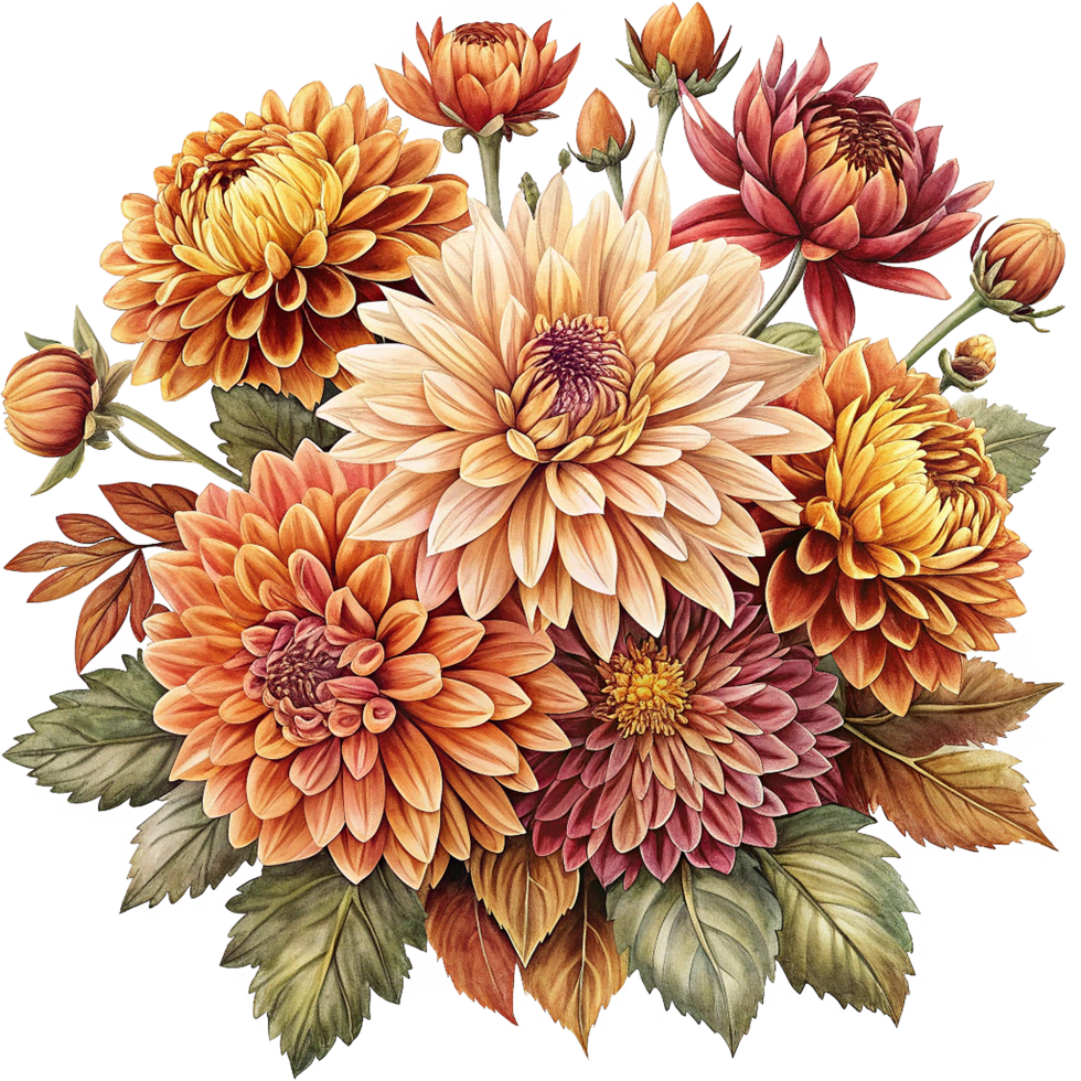 Autumnal Dahlia Bouquet Watercolor Painting Botanical Illustration png