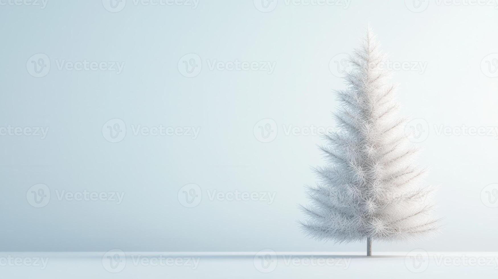 Minimal white christmas tree standing in empty pastel blue room, perfect or winter holidays greeting card or web banner background Copy space for text photo