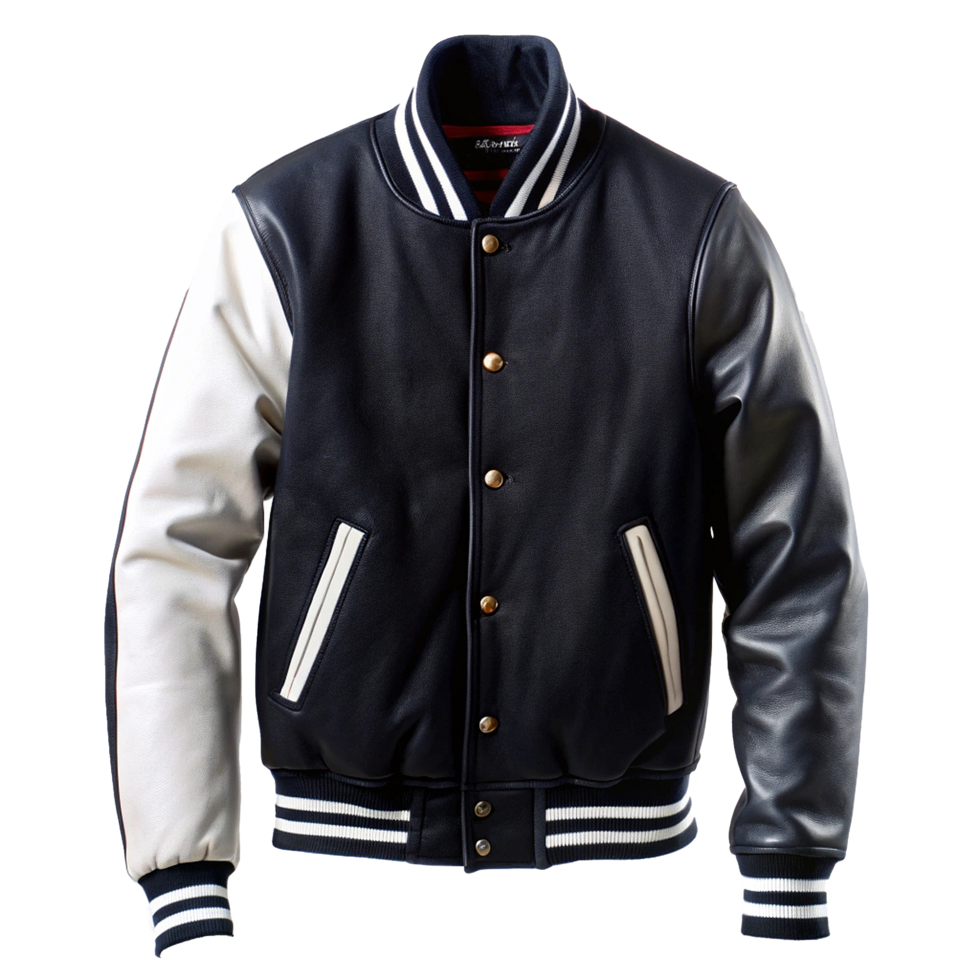 Classic Varsity Leather Jacket with OffWhite Sleeves and Ribbed Cuffs png