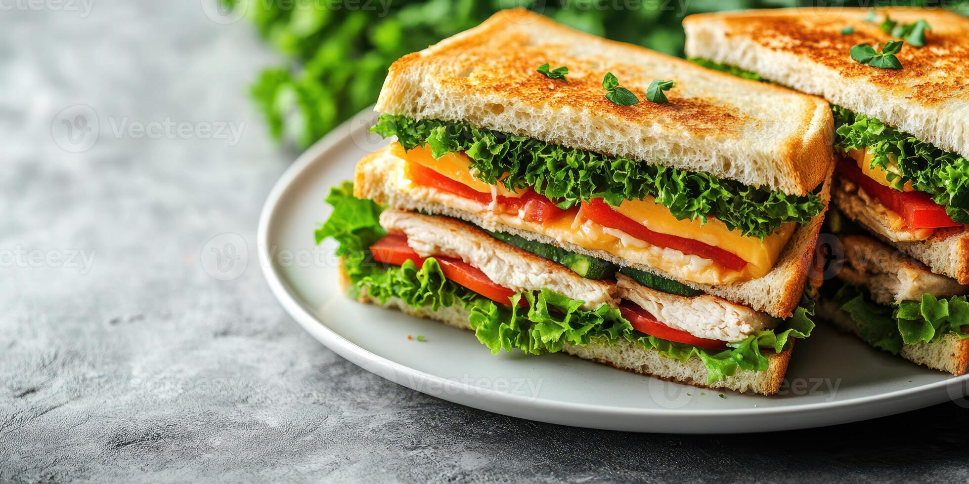 Delicious vegetarian sandwich stacked with fresh lettuce, tomatoes, and cheese on a gray plate in a cozy setting photo