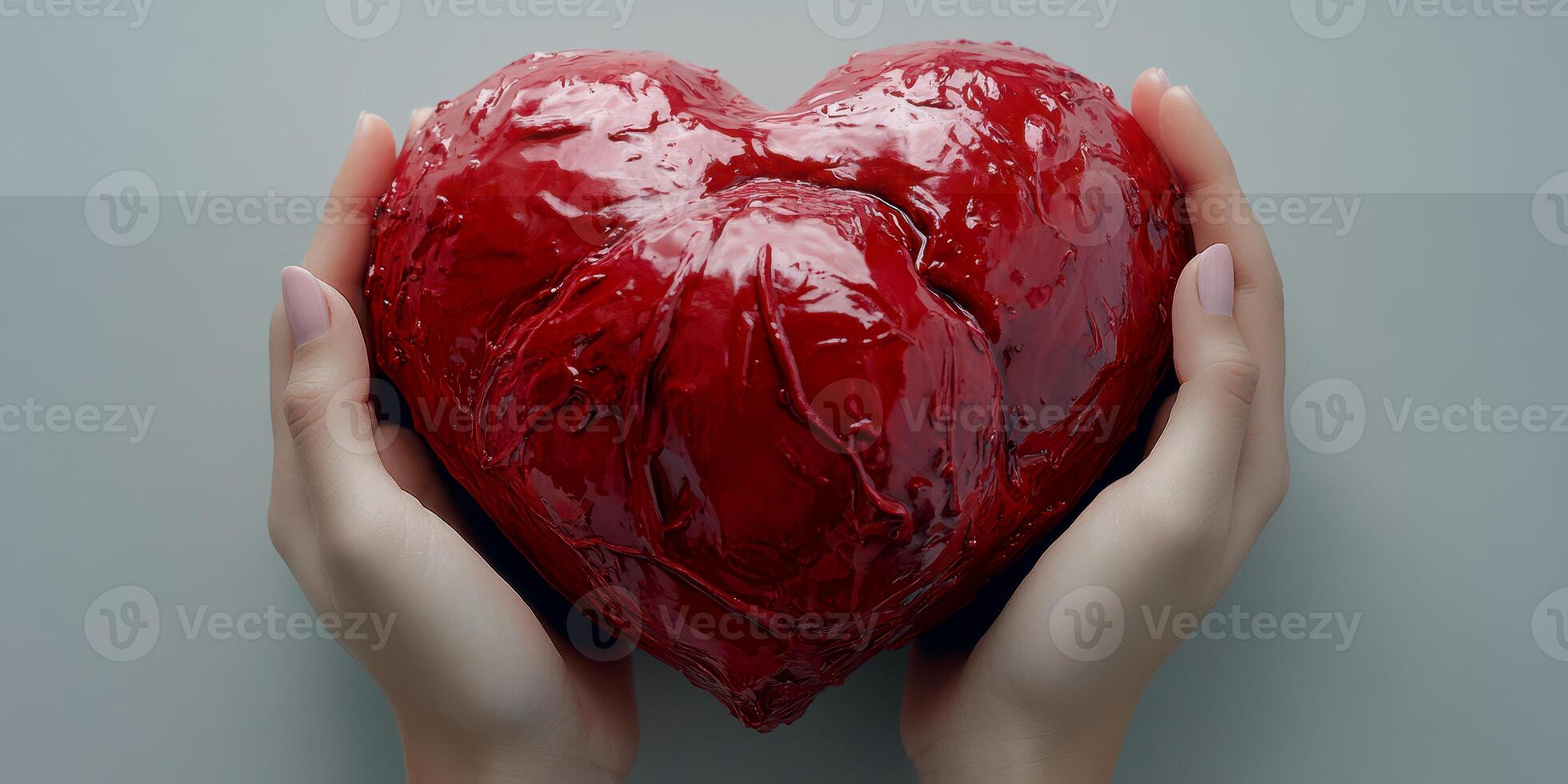 Hands holding a shiny red heart sculpture, symbolizing love and emotion in a minimalist setting photo