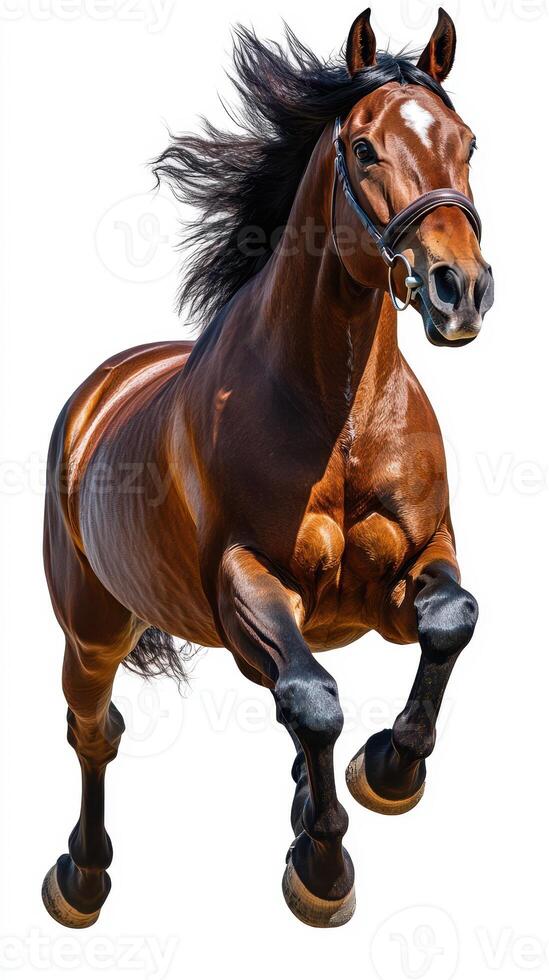 Majestic horse running freely with flowing mane in a captivating and dynamic pose against a bright background photo
