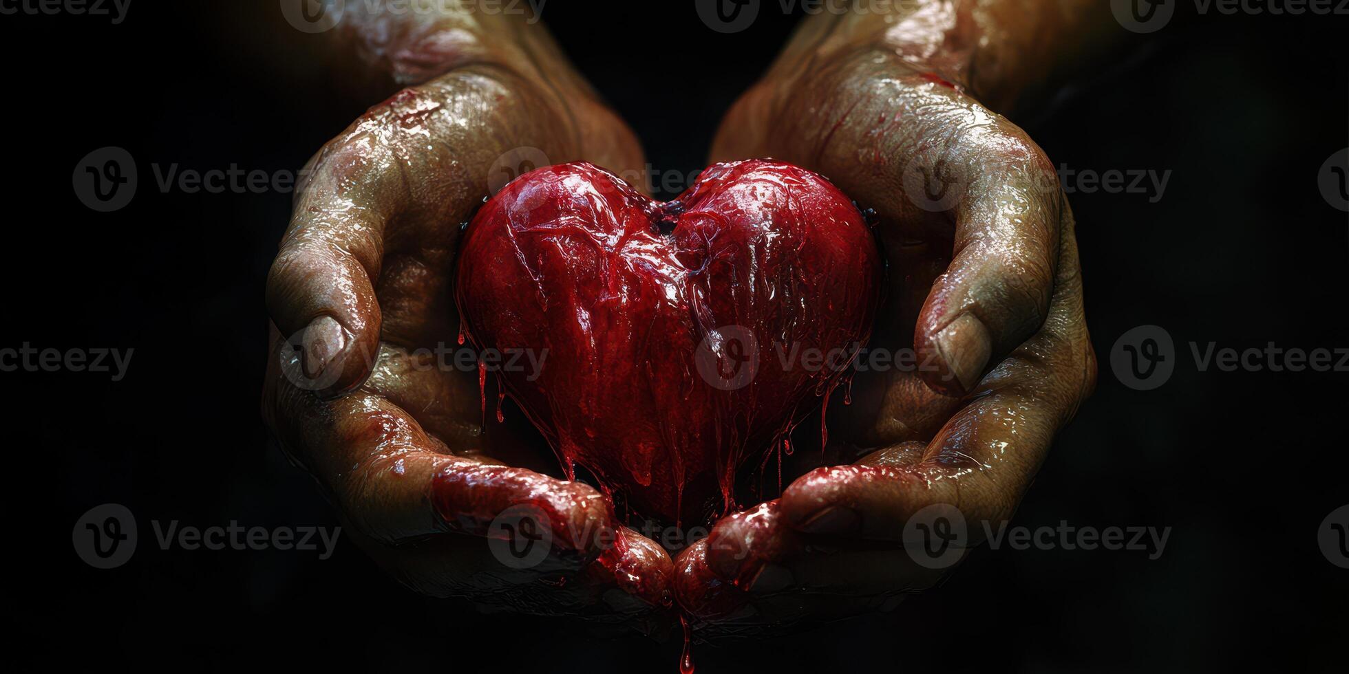 Hands cradling a dripping red heart symbolizing love, vulnerability, and sacrifice in a dark setting photo