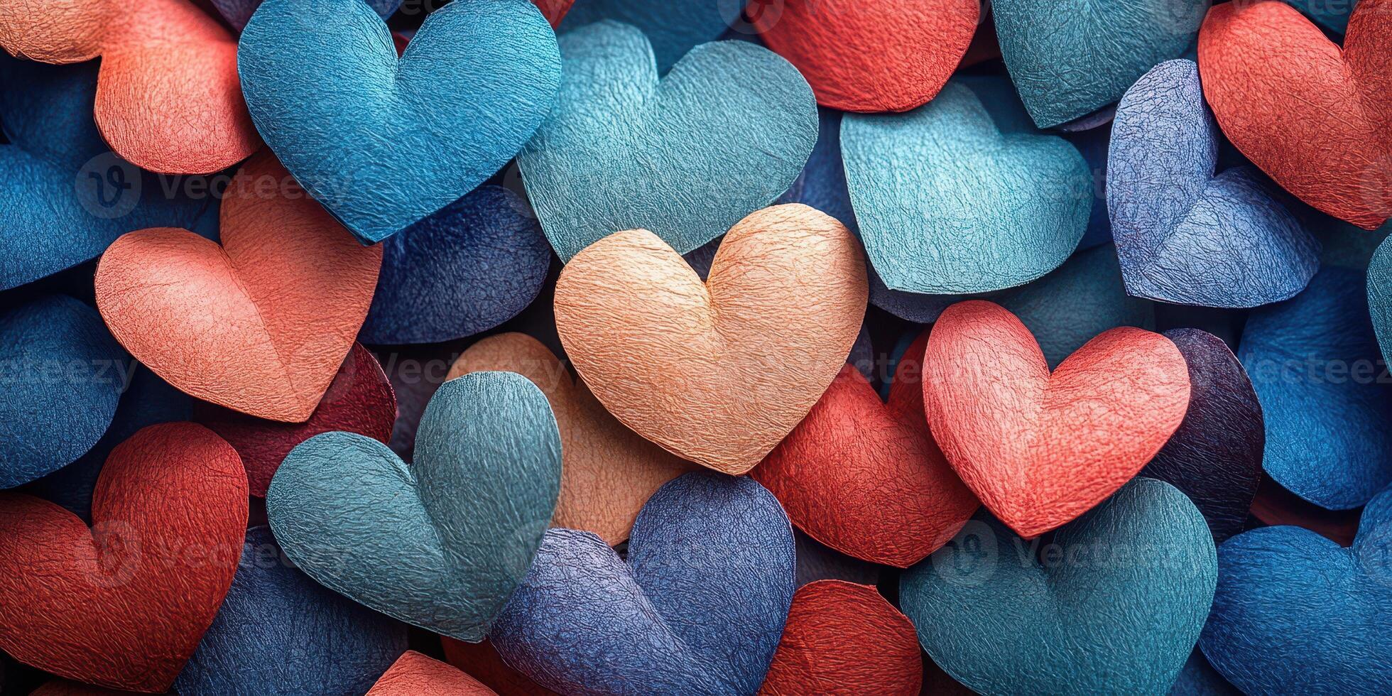 Colorful paper hearts in various shades scattered across a vibrant surface for decoration and artistic displays photo