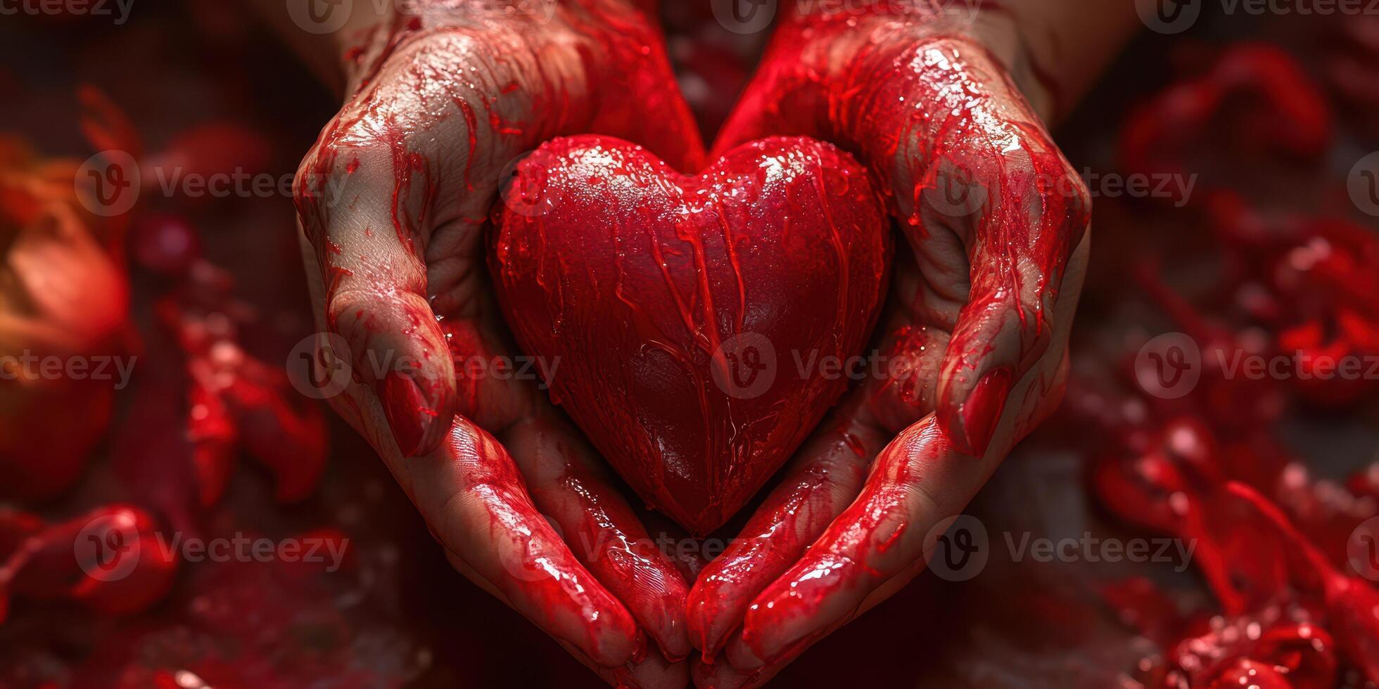 Hands holding a red heart surrounded by rose petals and crimson paint in a creative artistic display photo