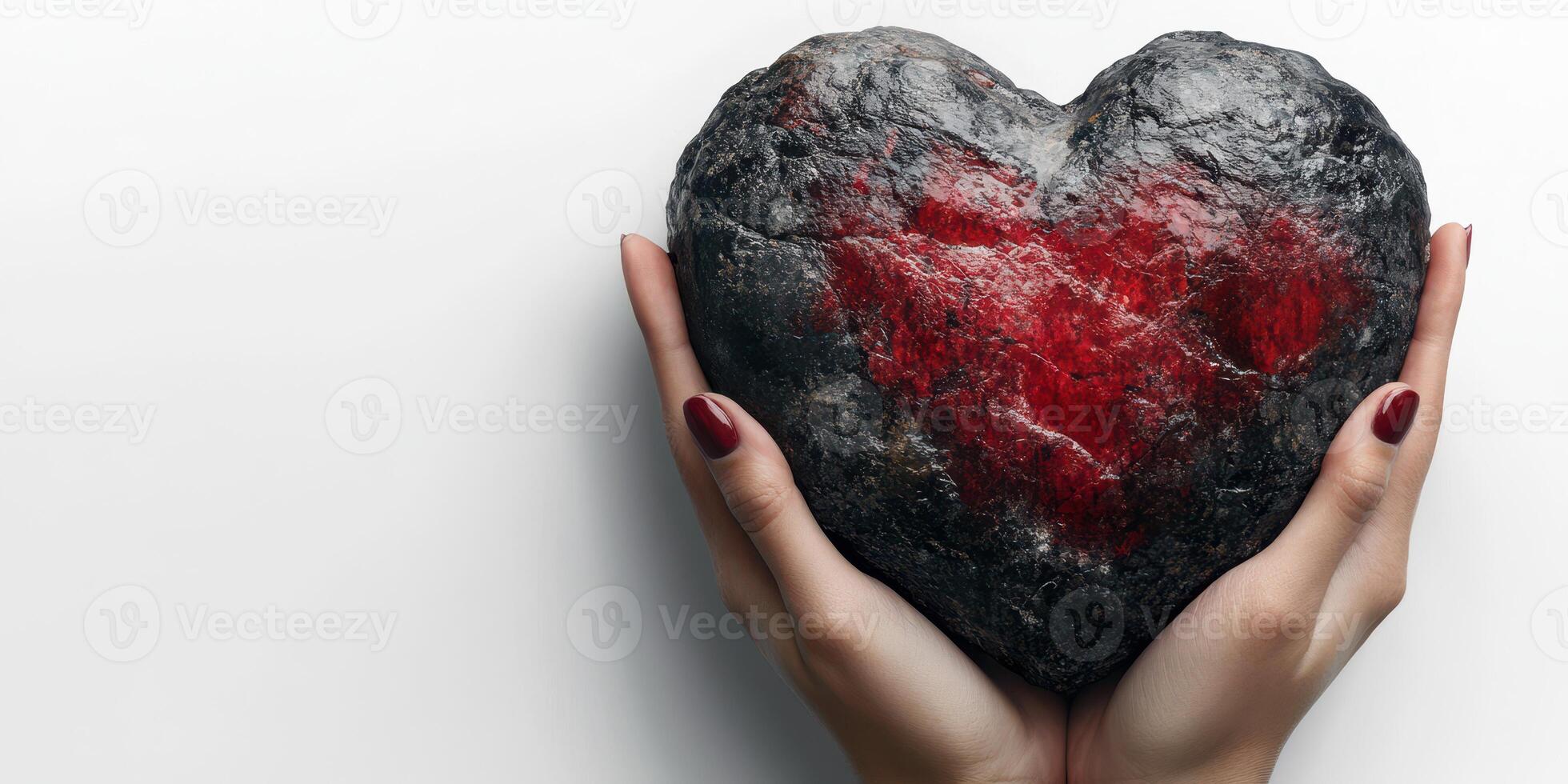 Heart-shaped stone held in hands with red accents symbolizes love and emotion in a minimalist setting photo