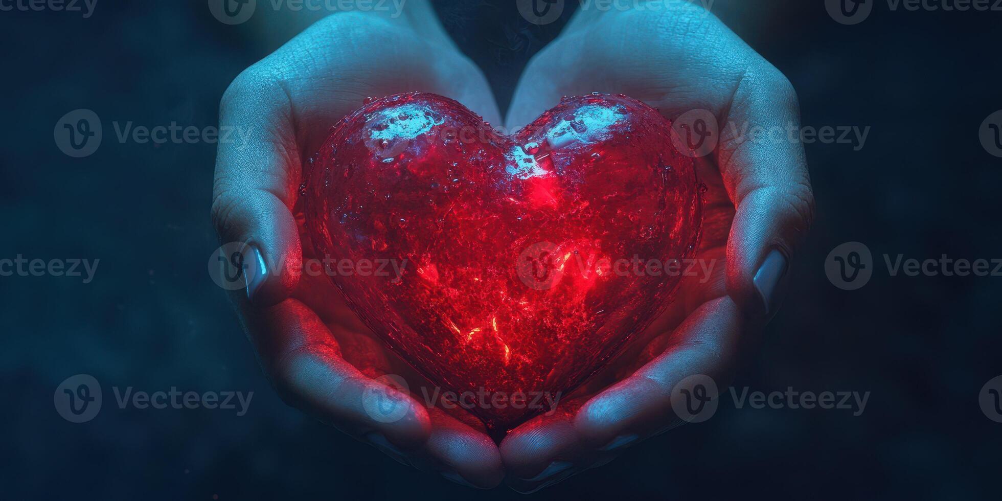 Hands holding a glowing red heart in a dark, mystical setting photo