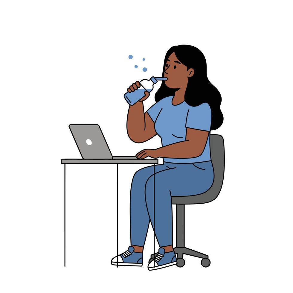 A woman sitting at a desk with a laptop and drinking water vector