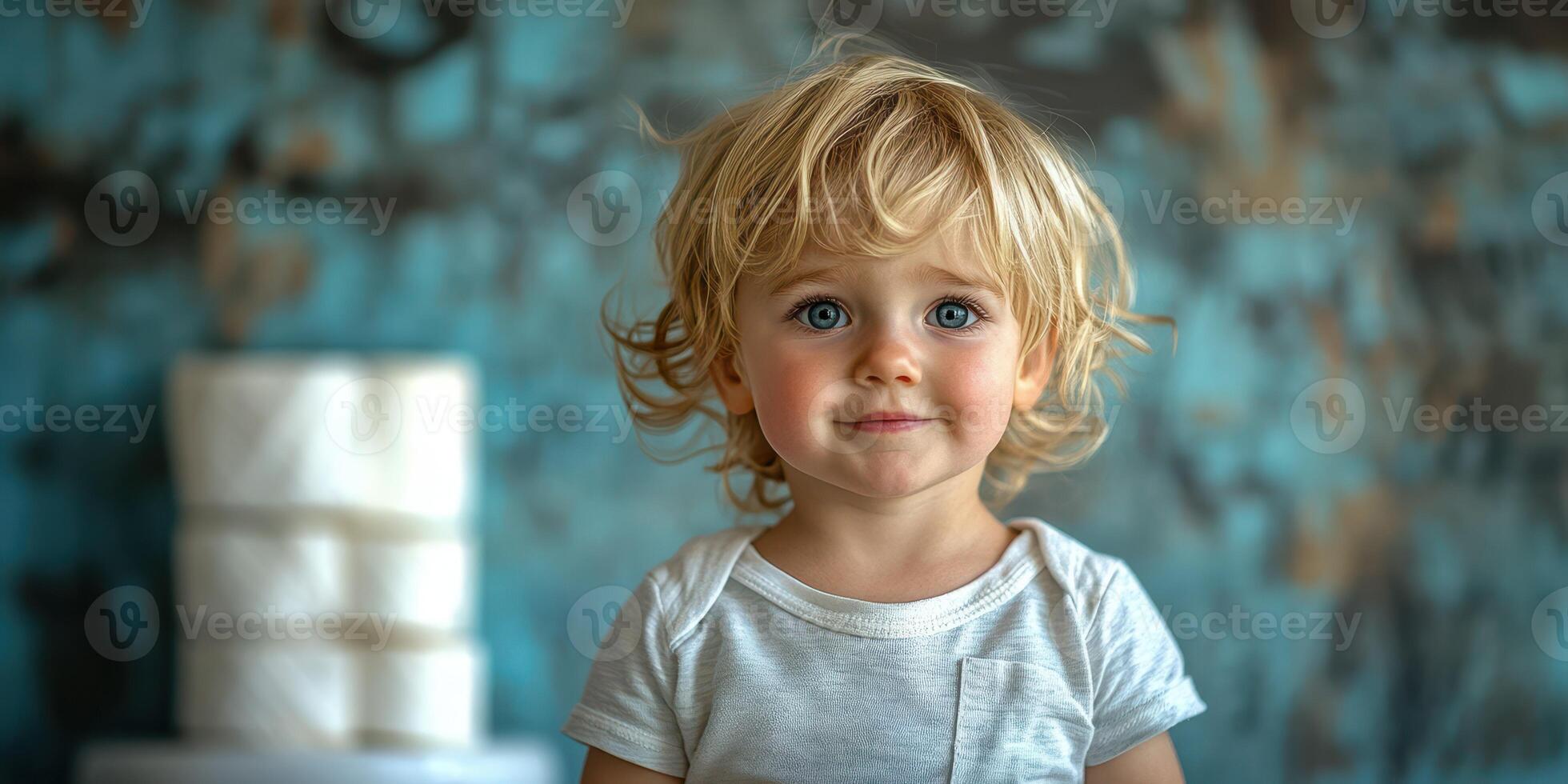 Young child with curly blonde hair smiling against a colorful background while toilet paper rolls are stacked nearby photo